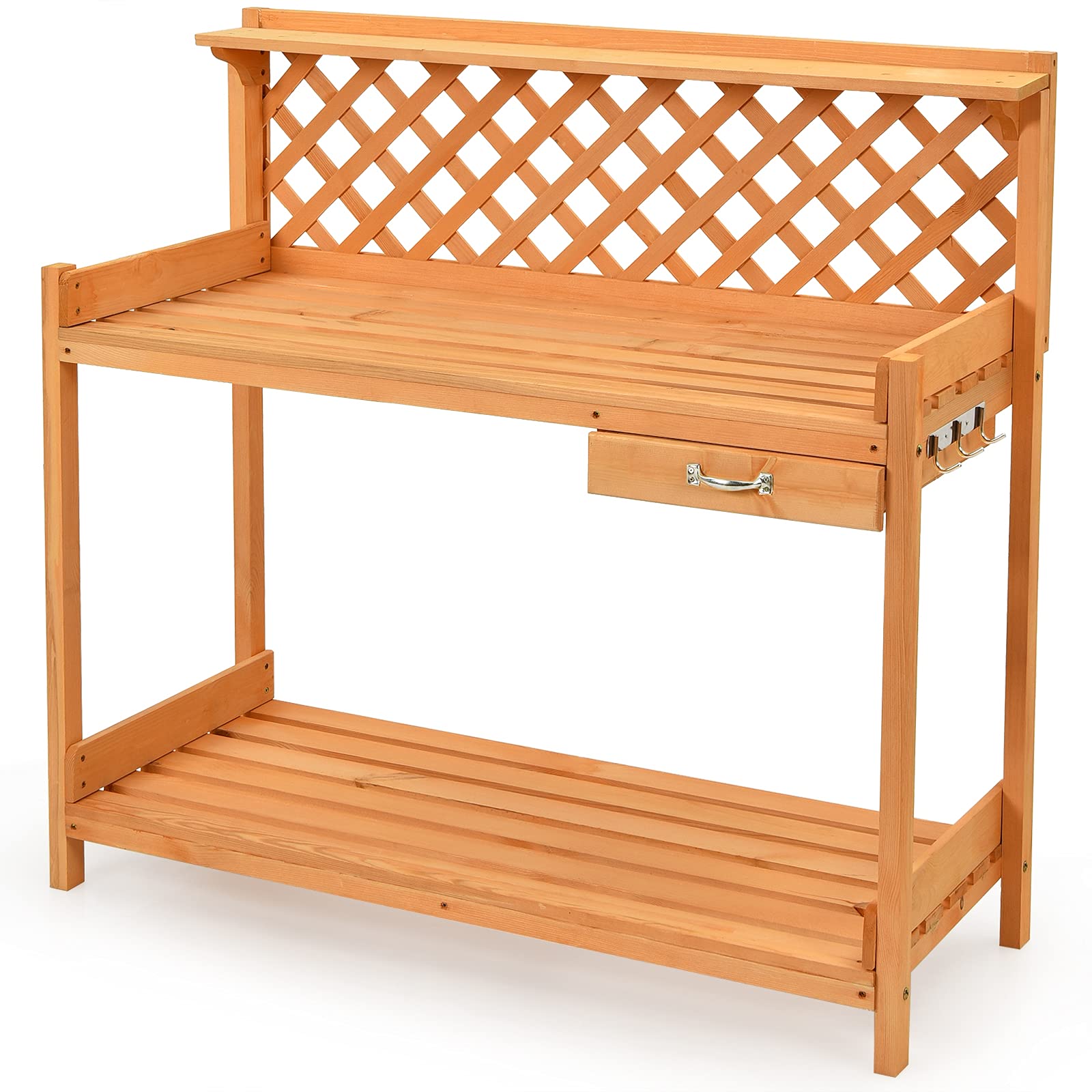 **Giantex Wooden Potting Bench with Drawer, 3 Hooks & Storage Shelf - Outdoor Gardening Work Table for Planting, Backyard, Balcony & Patio - Durable Garden Workbench with Trellis (Orange) - Perfect for Organizing Tools & DIY Projects**
