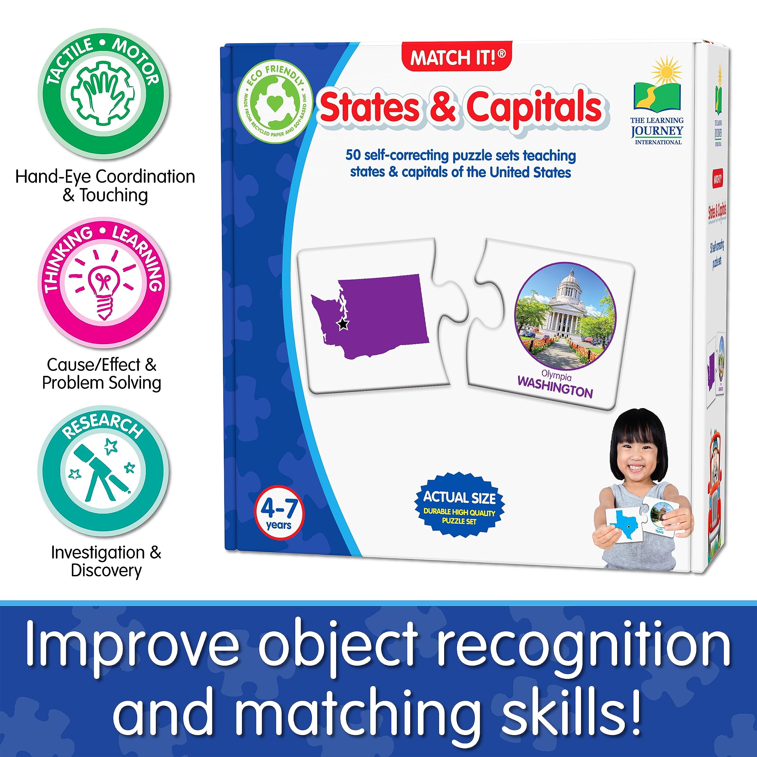 Match It! States & Capitals Puzzle Flash Cards – 50 Self-Correcting Two-Piece Learning Game – Award-Winning Educational Toy for Kids – Perfect for Homeschooling & Classroom Geography Lessons