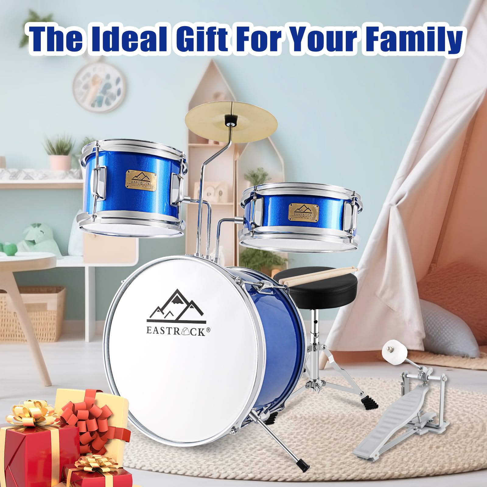 EASTROCK 3-Piece 14'' Kids Drum Set with Adjustable Throne, Cymbal, Pedal & Drumsticks - Perfect for Beginners & Junior Drummers (Dark Blue) | Ideal for Home Practice, Music Lessons & Kids Birthday Gifts