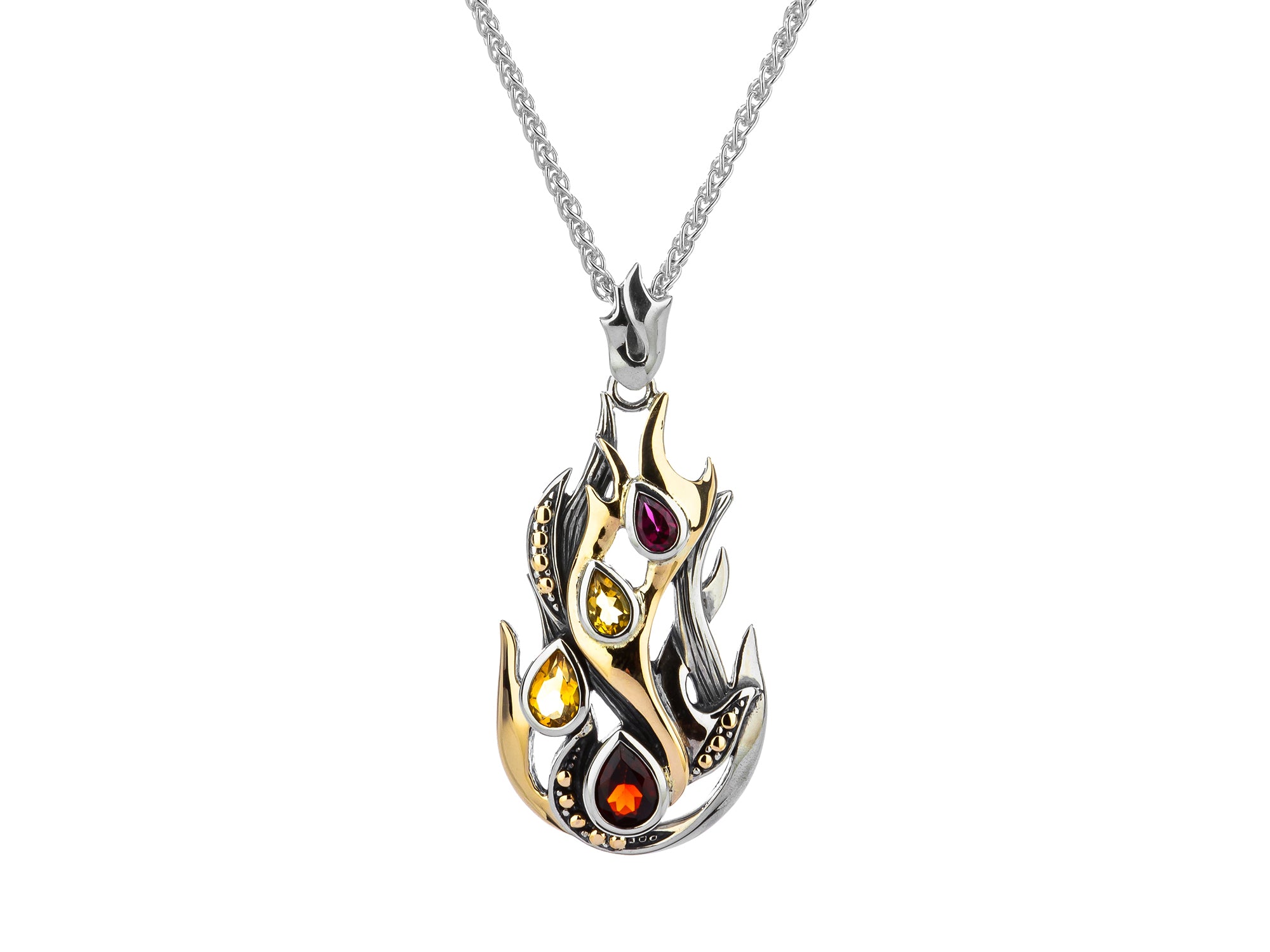 Sterling Silver & 10K Gold Fire Necklace with Garnet, Citrine & Rhodolite Gemstones - Elegant Jewelry for Women, Perfect for Parties, Weddings & Special Occasions