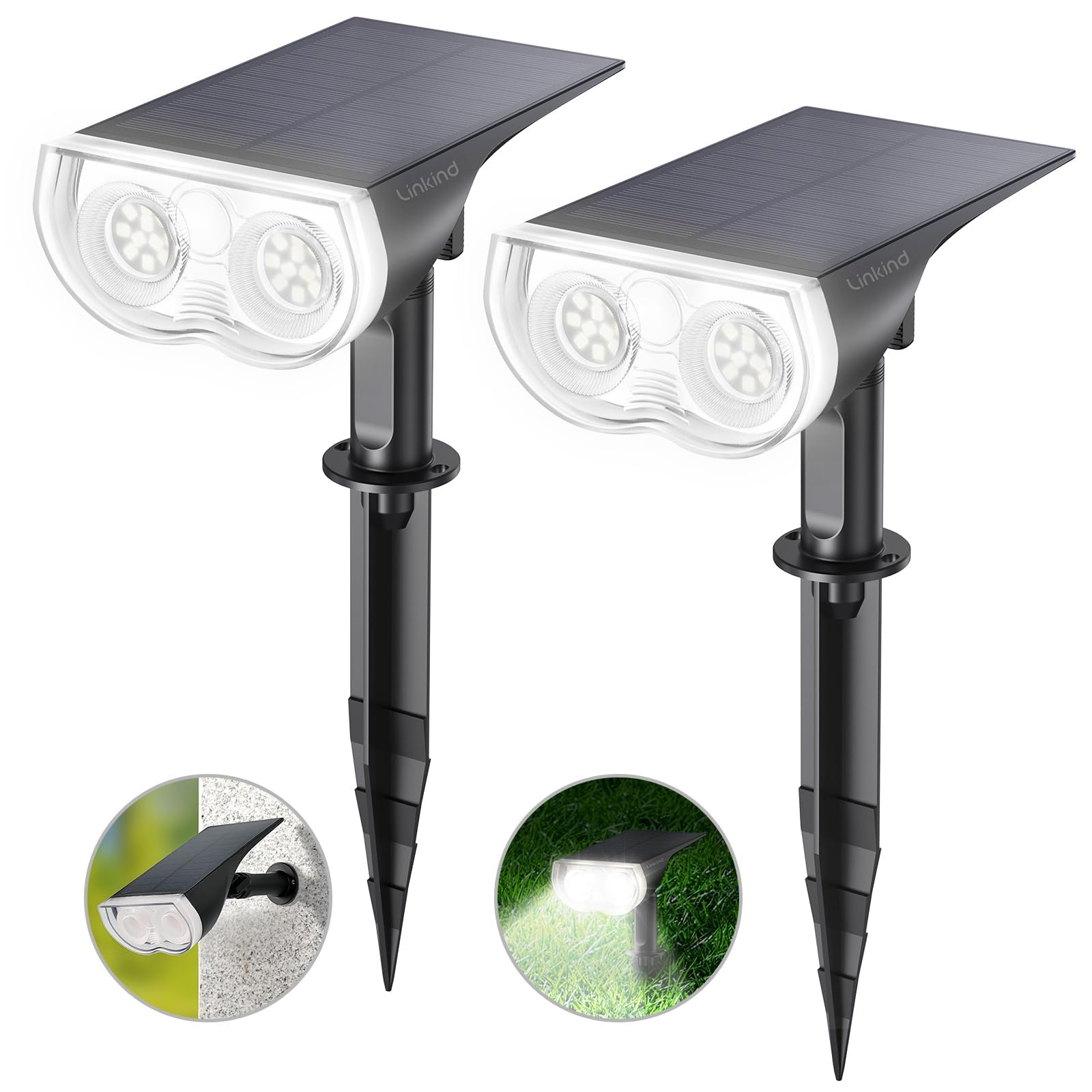 Linkind StarRay Solar Spot Lights Outdoor - IP67 Waterproof, 6500K Daylight Landscape Lighting for Garden & Yard (2 Pack) | Dusk-to-Dawn Auto On/Off | Perfect for Pathways, Trees & Architectural Accents