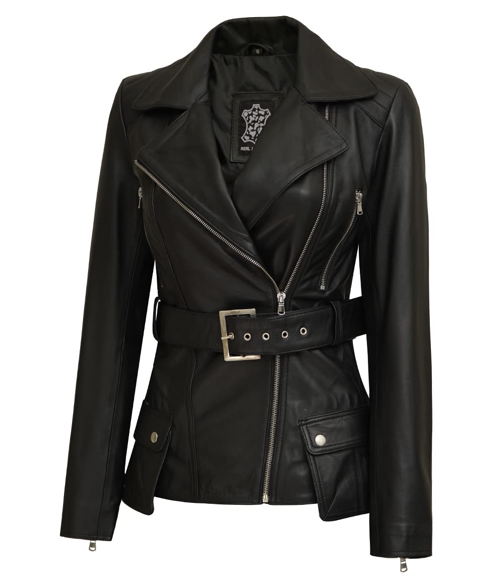 Genuine Lambskin Leather Motorcycle Jacket for Women - Stylish Long Leather Coat with Zipper - Perfect for Riding, Biker Fashion & Casual Outfits