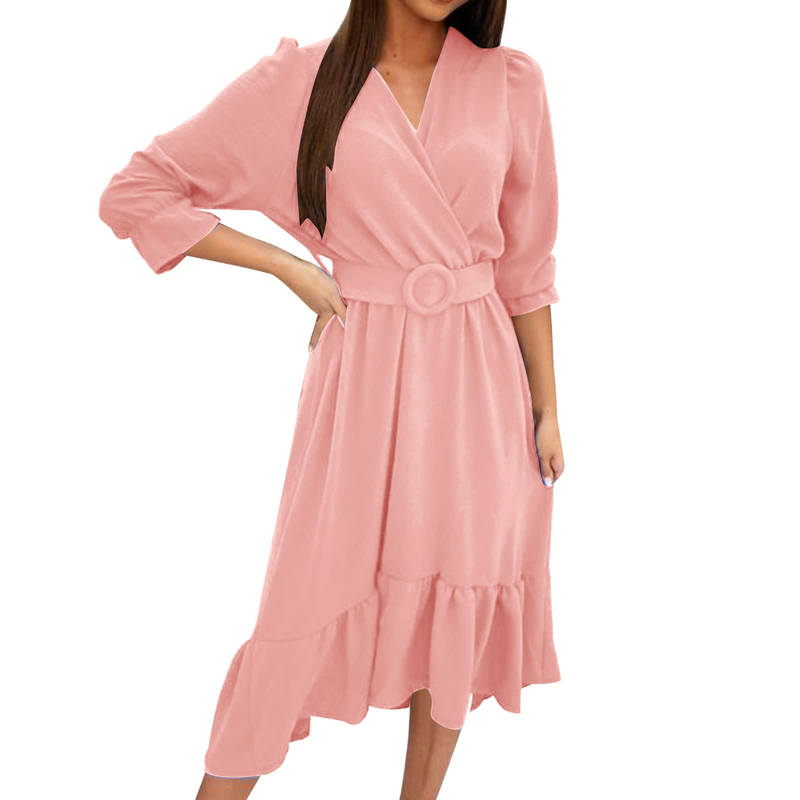 Women's Summer Casual Sun Dress - Pure Color V-Neck Slim Body Wrap Long Dress with Belt | Beach, Vacation & Outdoor Wear