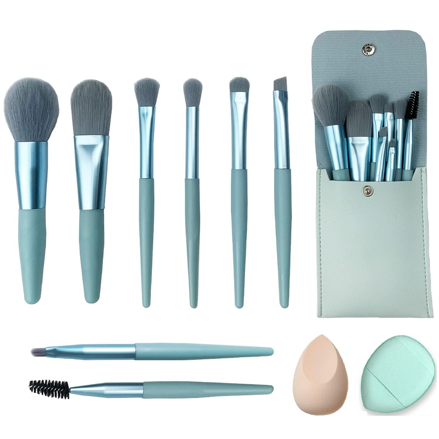 8-Piece Makeup Brush Set with Pouch - Professional Cosmetic Brushes for Foundation, Blush, Eyeshadow & More - Perfect for Travel, Home & Salon Use (Sky Blue)