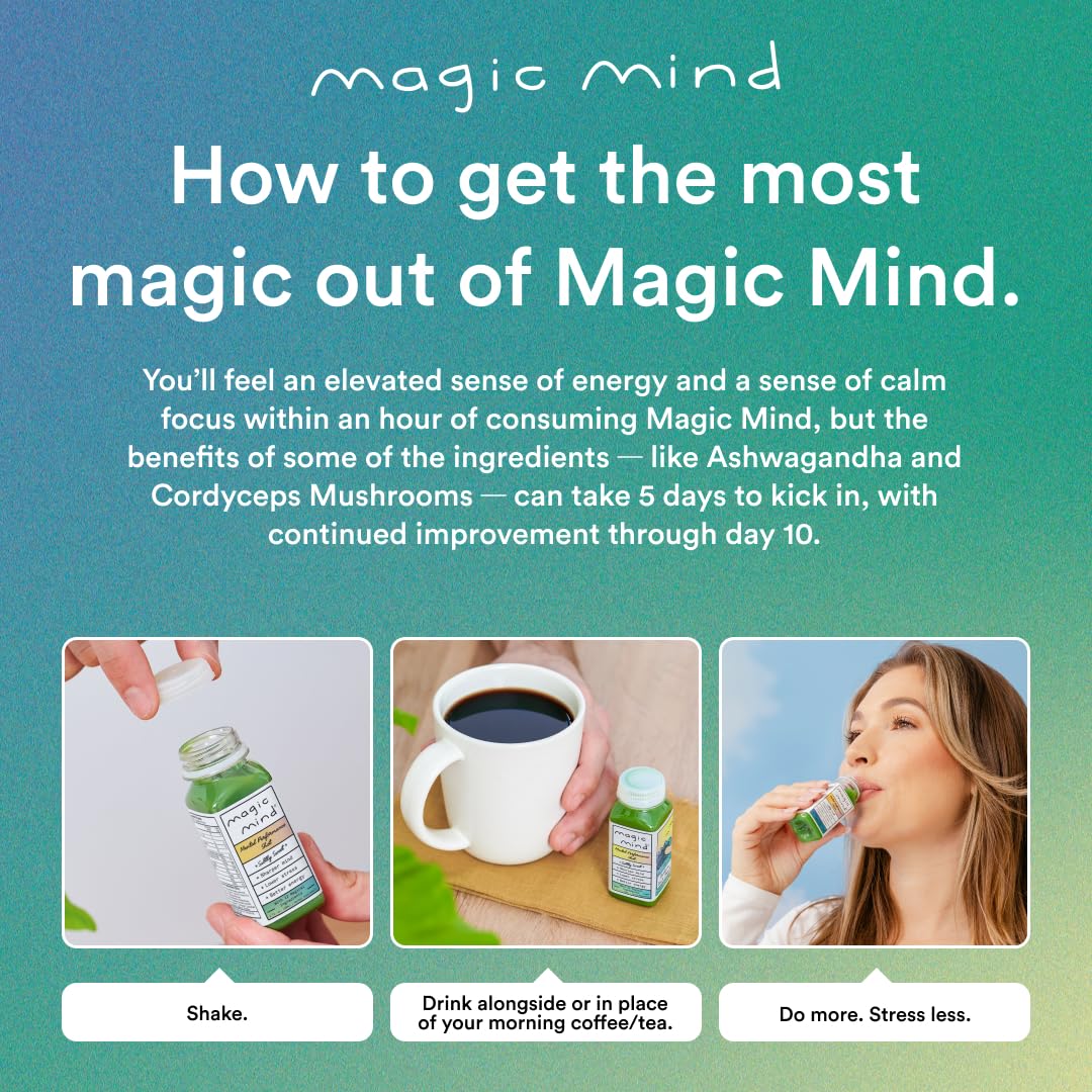 Magic Mind Energy and Focus Drink Shots - Stress Relief Supplement with Ashwagandha, Vitamin B12 & C, Matcha Green Tea, Functional Mushrooms - No Jitters, 2 Fl Oz (15 Pack) - Boost Productivity for Workouts, Study & Mental Clarity