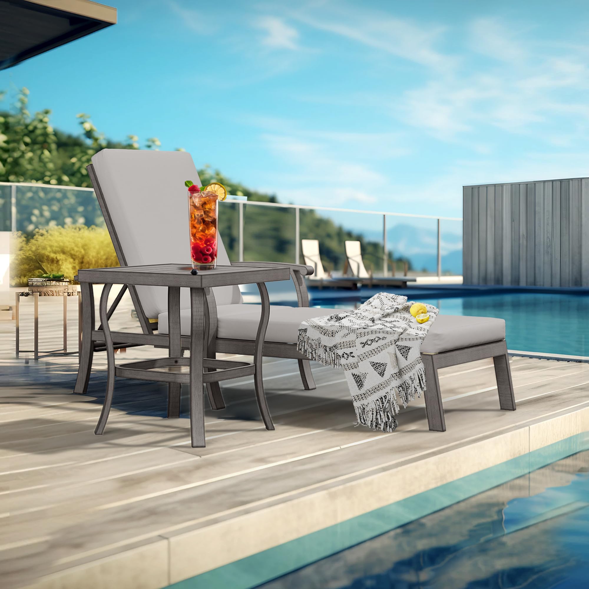 2-Pack Aluminum Patio Chaise Lounge Chairs with Adjustable Backrest & Greige Cushions - All-Weather Outdoor Furniture for Deck, Beach, Poolside & Garden Relaxation