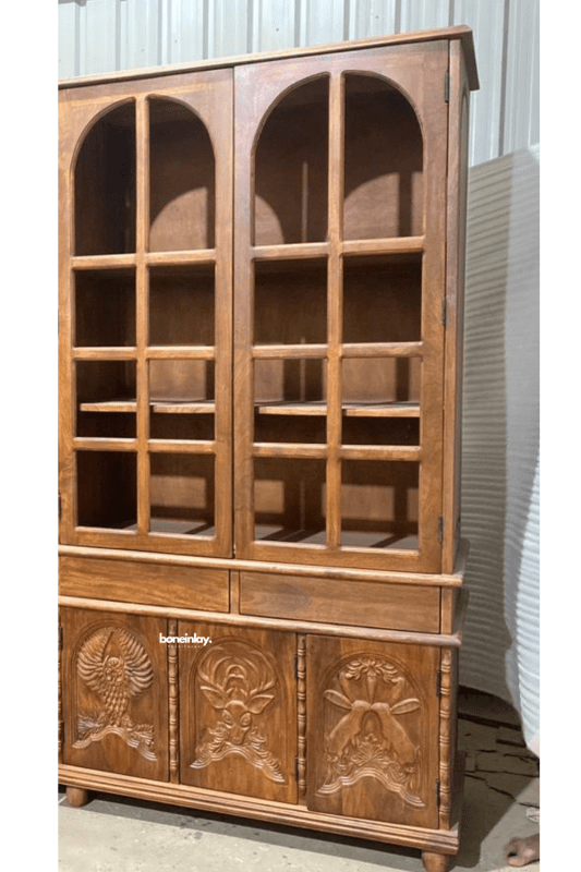 Hand Carved Large Wooden Menagerie Display Cabinet with Glass Doors - Perfect for Showcasing Collectibles, Antiques & Home Decor