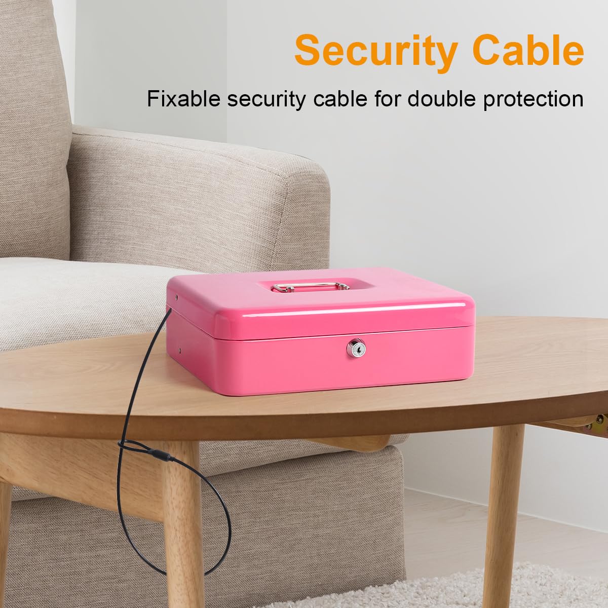 Secure Pink Cash Box with Money Tray & Key Lock - 11.8x9.5x3.5 Inch Money Organizer with Security Cable - Ideal for Retail Stores, Events, and Home Cash Management