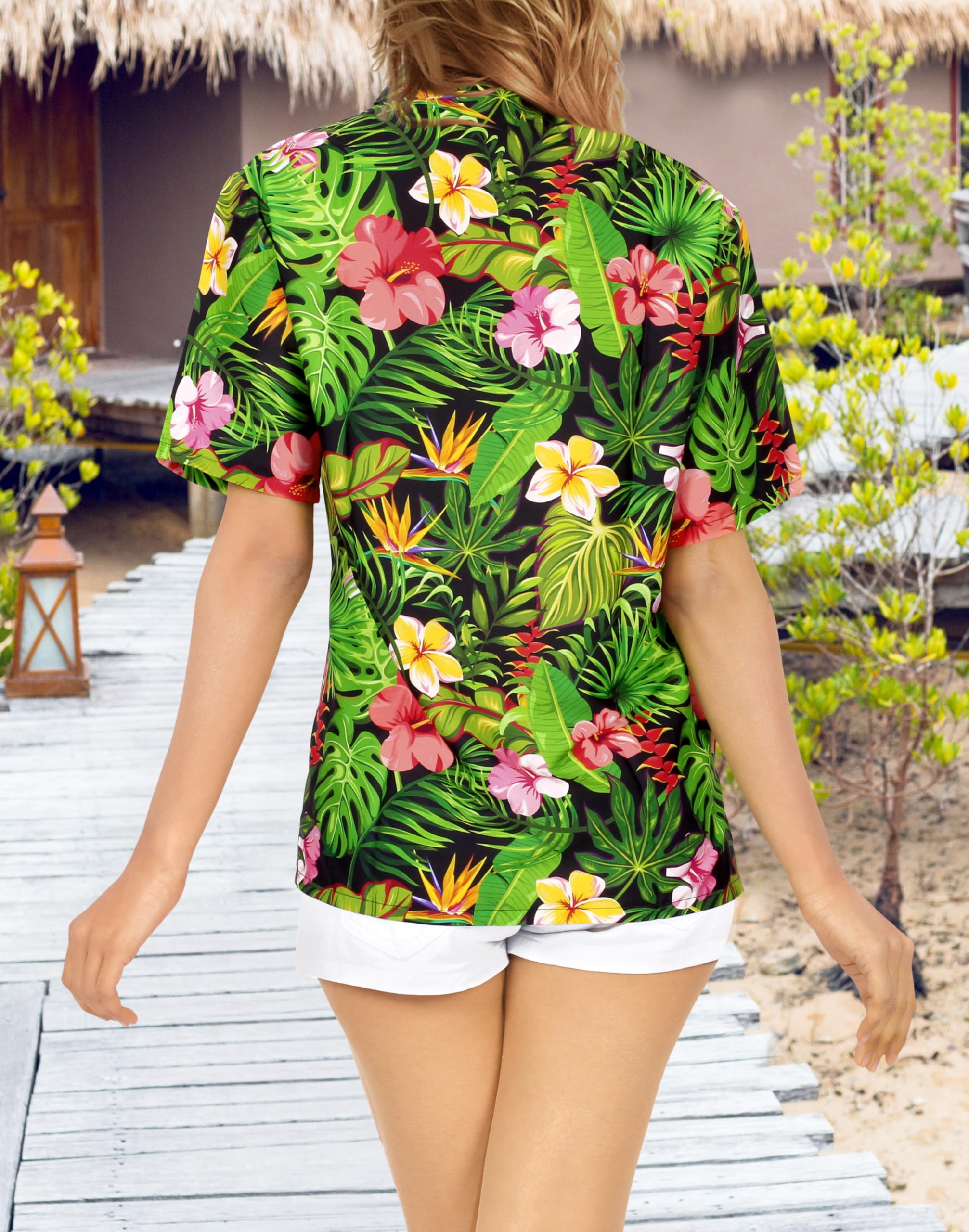 Happy Bay Women's Short Sleeve Hawaiian Blouse - Floral Print Vacation Shirt for Beach, Summer & Tropical Outfits