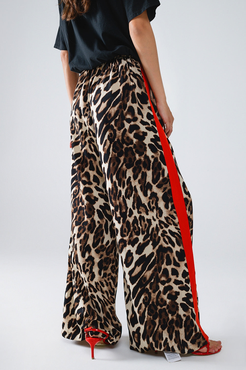 Leopard Print Straight Leg Pants with Red Side Stripes - Stylish Women's Casual Trousers for Work, Party & Everyday Wear