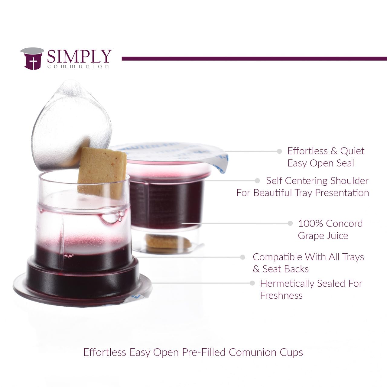 Gluten Free Pre-Filled Communion Cups with Concord Juice & Gluten Free Bread - 100 Pack | Tray & Seatback Compatible | Perfect for Church Services, Weddings & Religious Ceremonies