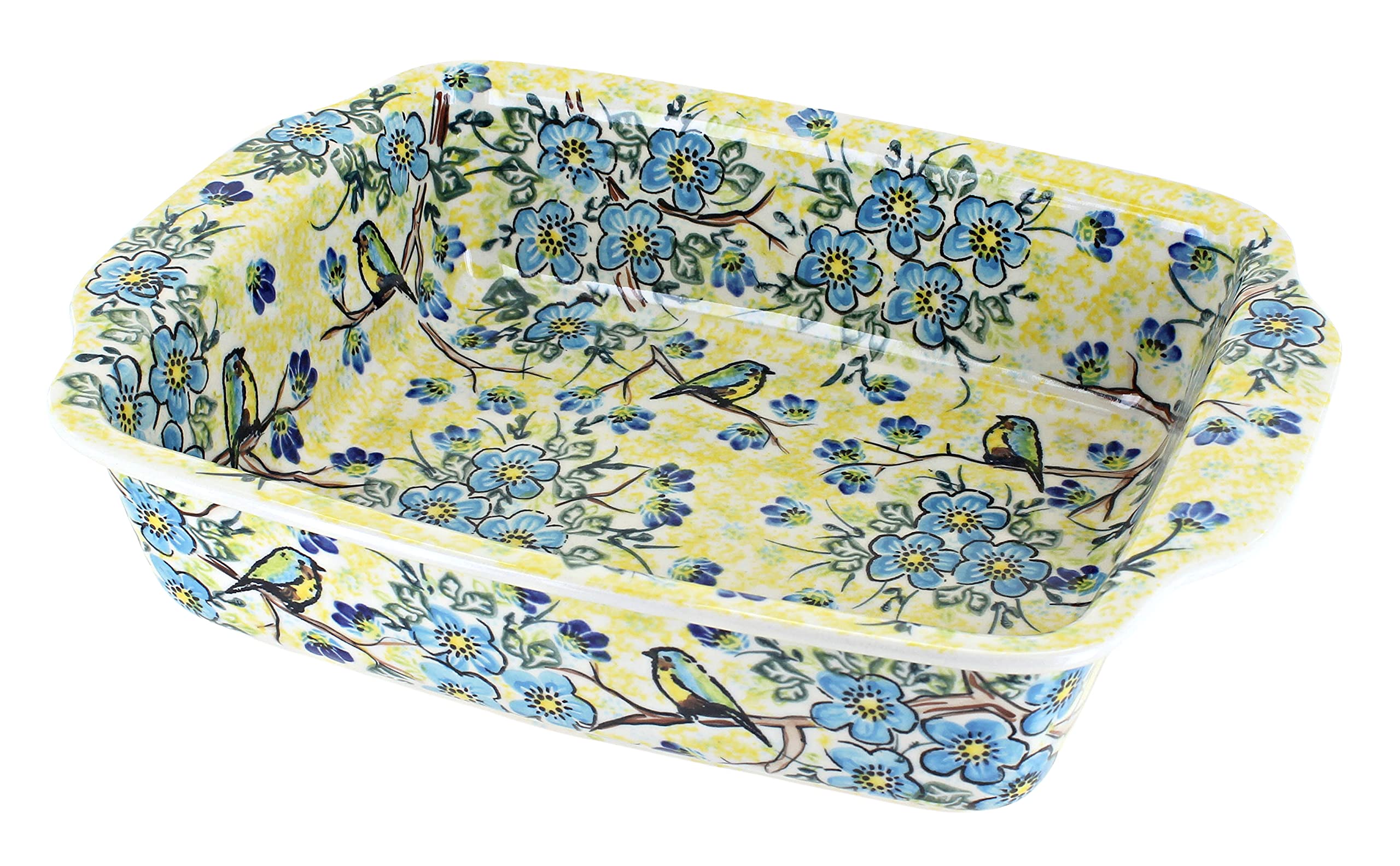 Blue Rose Polish Pottery Bluebird Garden Medium Rectangular Baker with Handles - Handmade Ceramic Baking Dish for Casseroles, Lasagna & Desserts | Perfect for Holiday Dinners & Family Gatherings