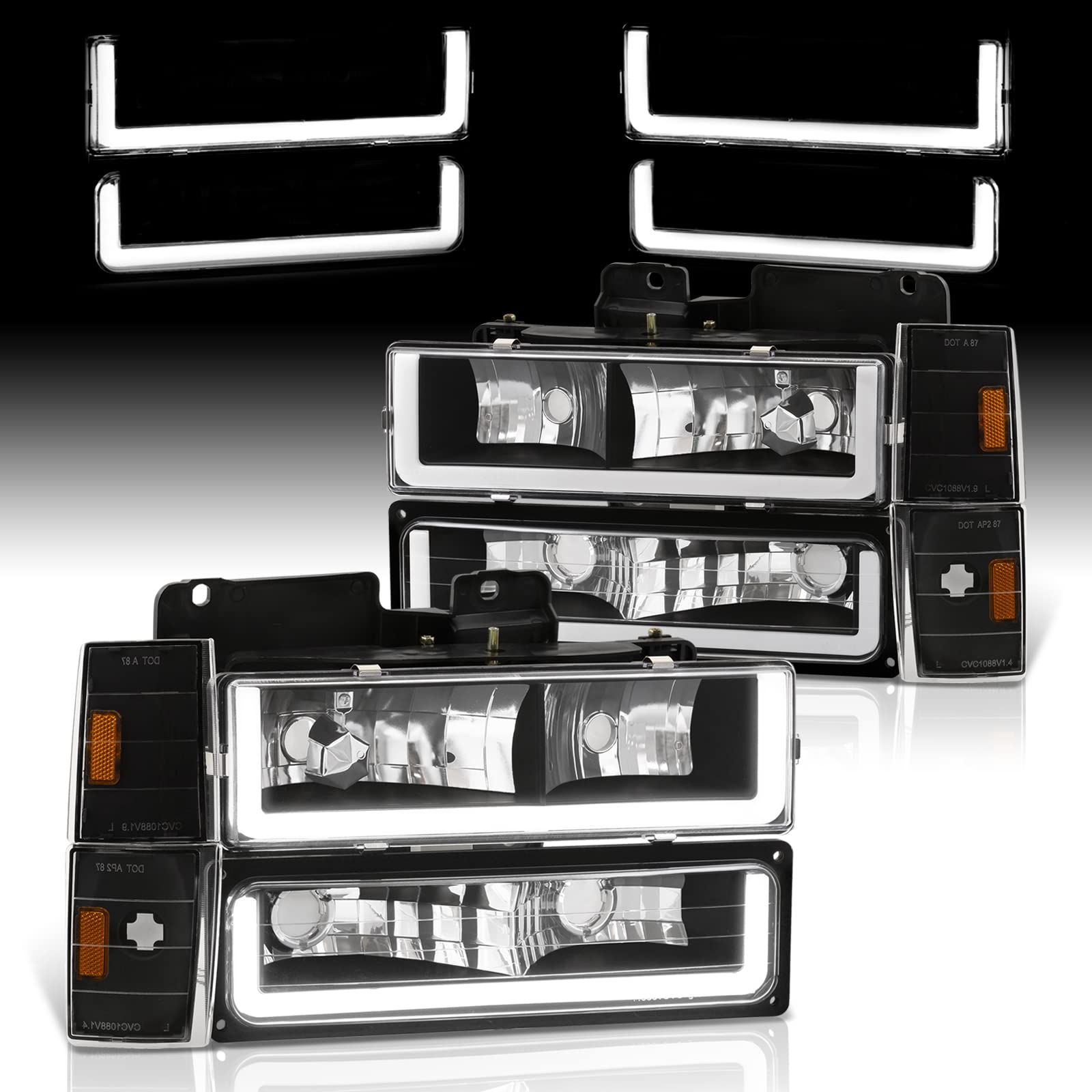 Black Amber LED DRL Driving Headlights + Corner Bumper Signal Lamps - Compatible with Chevy C10 C/K C1500 C2500 C3500 K1500 K2500 K3500 Blazer Silverado Suburban (1988-1993) | High Visibility Daytime Running Lights for Enhanced Safety & Style