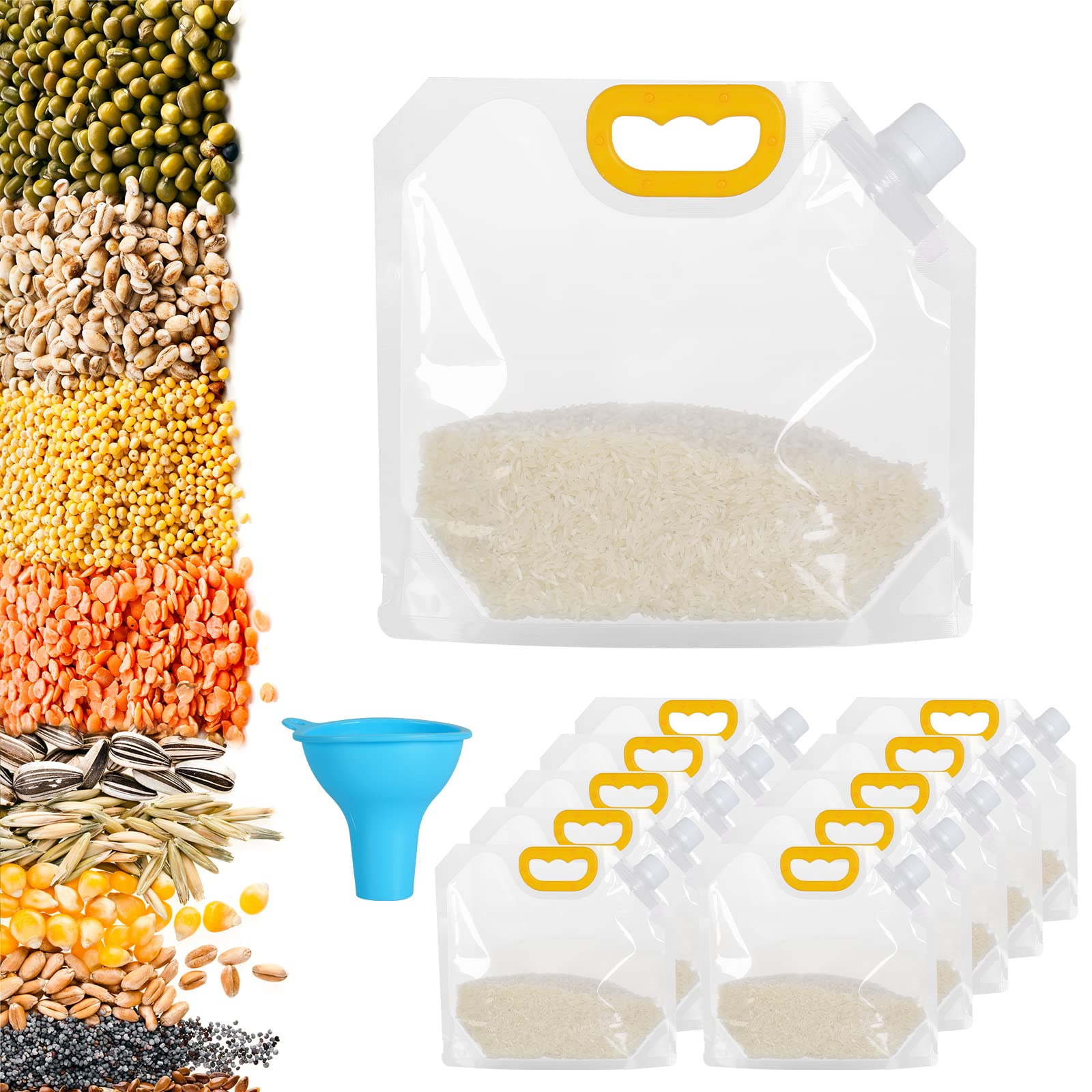 1.5L Reusable Transparent Grain Storage Bags - 10 Pack Airtight Moisture-Proof Sealed Bags with Funnel | Resealable Smell-Proof Food Storage Baggies for Rice, Flour, Coffee, Nuts & Dry Goods | Perfect for Kitchen Pantry Organization & Bulk Food Preservation
