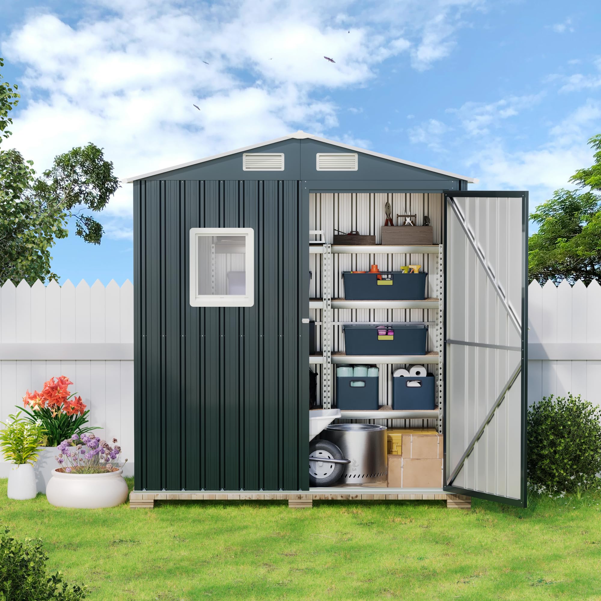 6x4x6.5 FT Compact Vertical Outdoor Steel Storage Shed with Lockable Doors - Heavy Duty Garden, Backyard & Patio Utility Shed for Tool Storage, Bike Shelter, Trash Can Enclosure & Chicken Coop | Weather-Resistant & Secure Outdoor Organization Solution
