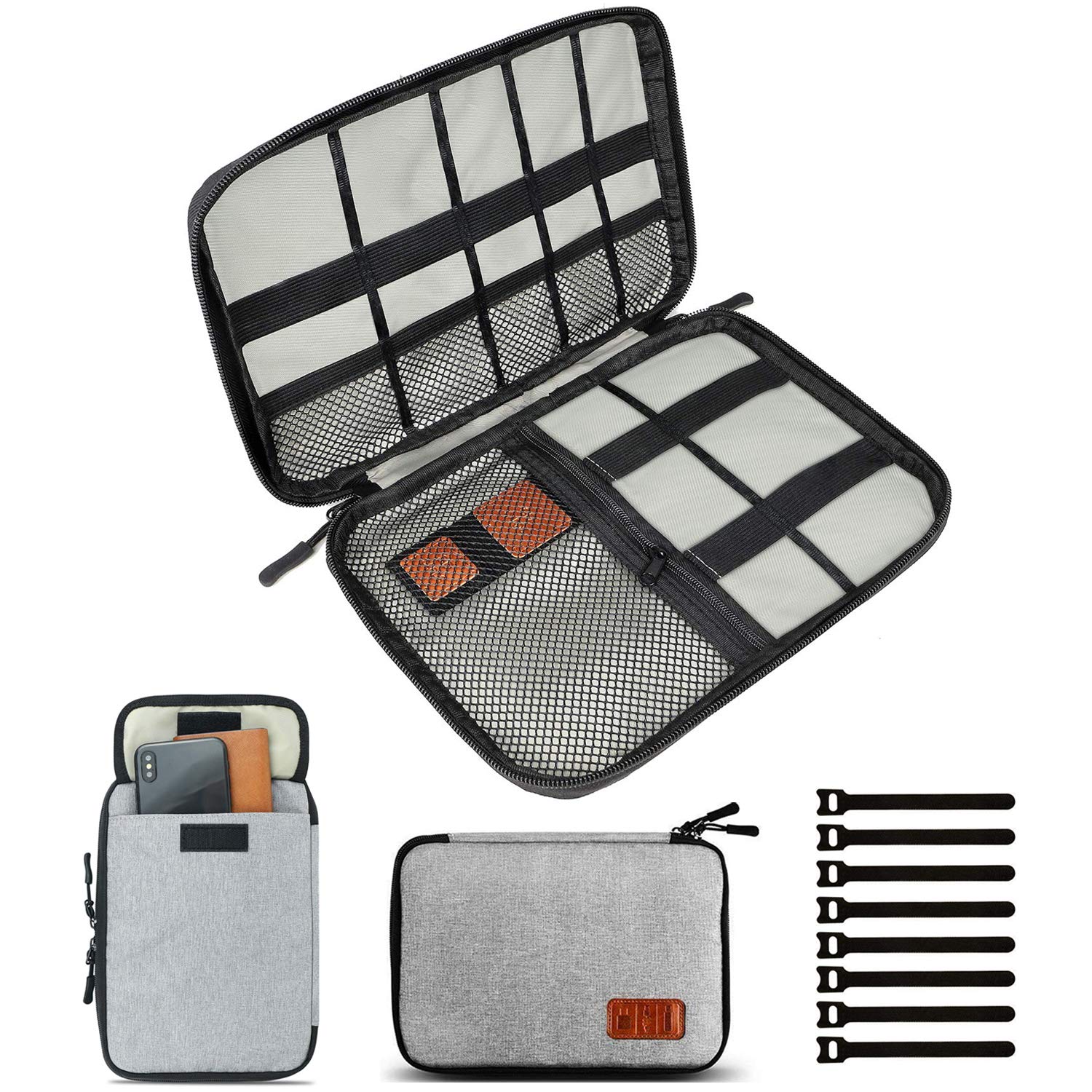 Portable Travel Cable Organizer Bag - Small Electronics Accessories Storage Case for Chargers, Phones, USB Cables & SD Cards with 8 Cable Ties | Perfect for Business Trips, Commuting & Home Office Organization
