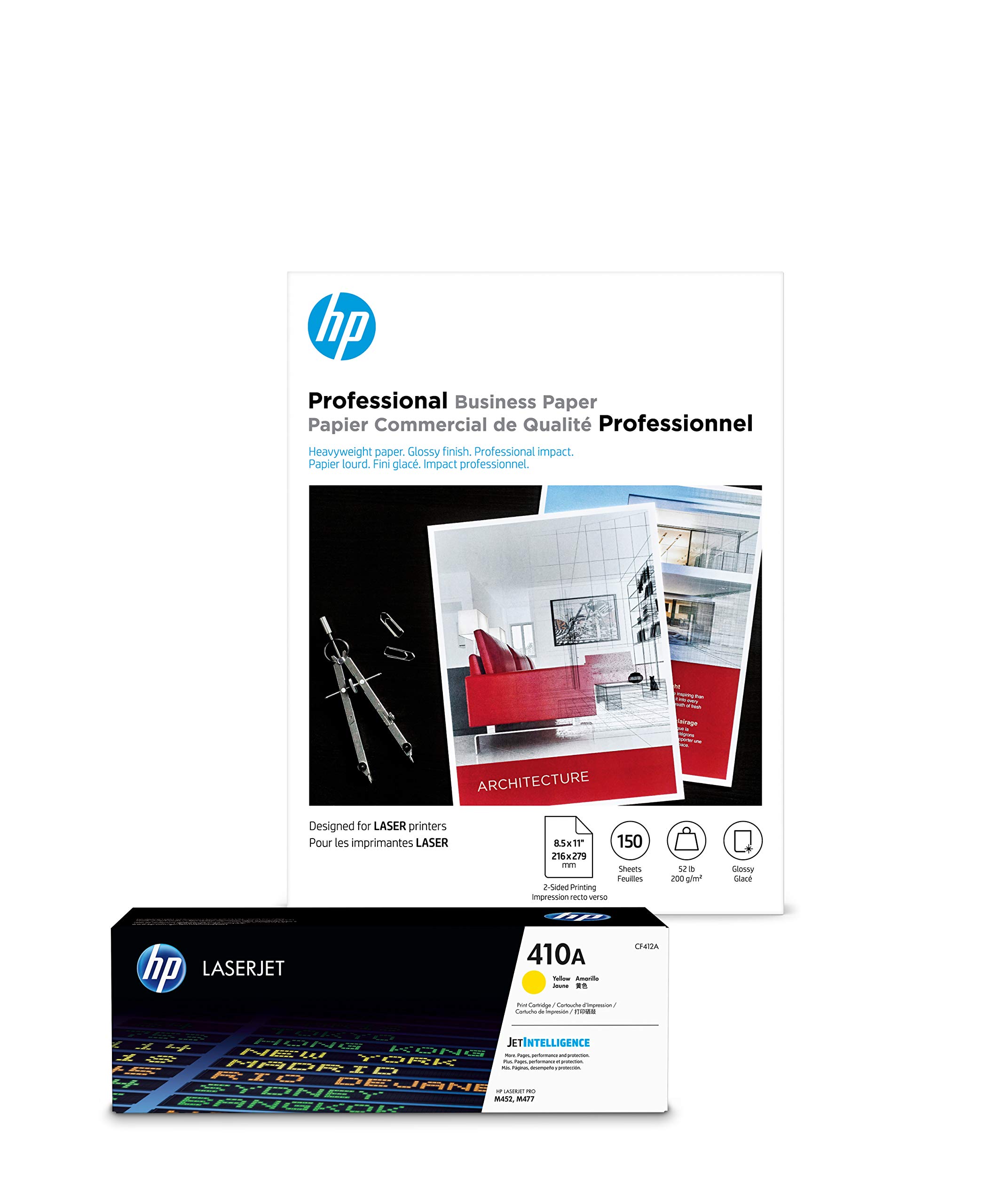 HP 410A Yellow Toner Cartridge + HP Professional Glossy Laser Paper 8.5 x 11, 150 Sheets | Compatible with HP LaserJet Printers | Ideal for Office Documents, Presentations & Photo Printing