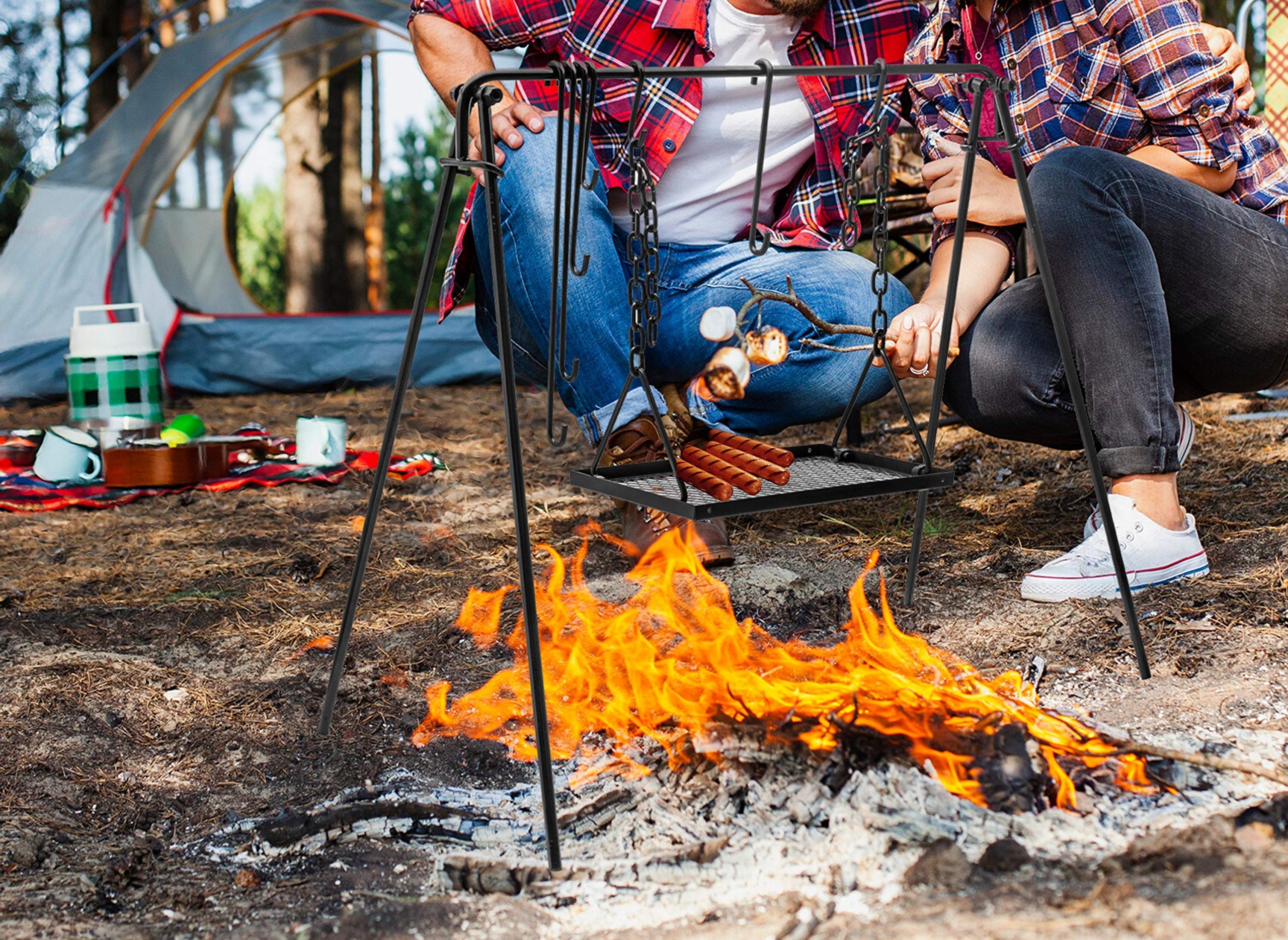 Bruntmor Adjustable Campfire Grill Stand - Portable Swing Cooking Tripod for Dutch Oven & BBQ, Collapsible Legs with Hooks, Accessories & Carry Case (Black) - Perfect for Outdoor Camping, Backyard Grilling and Picnic Cooking