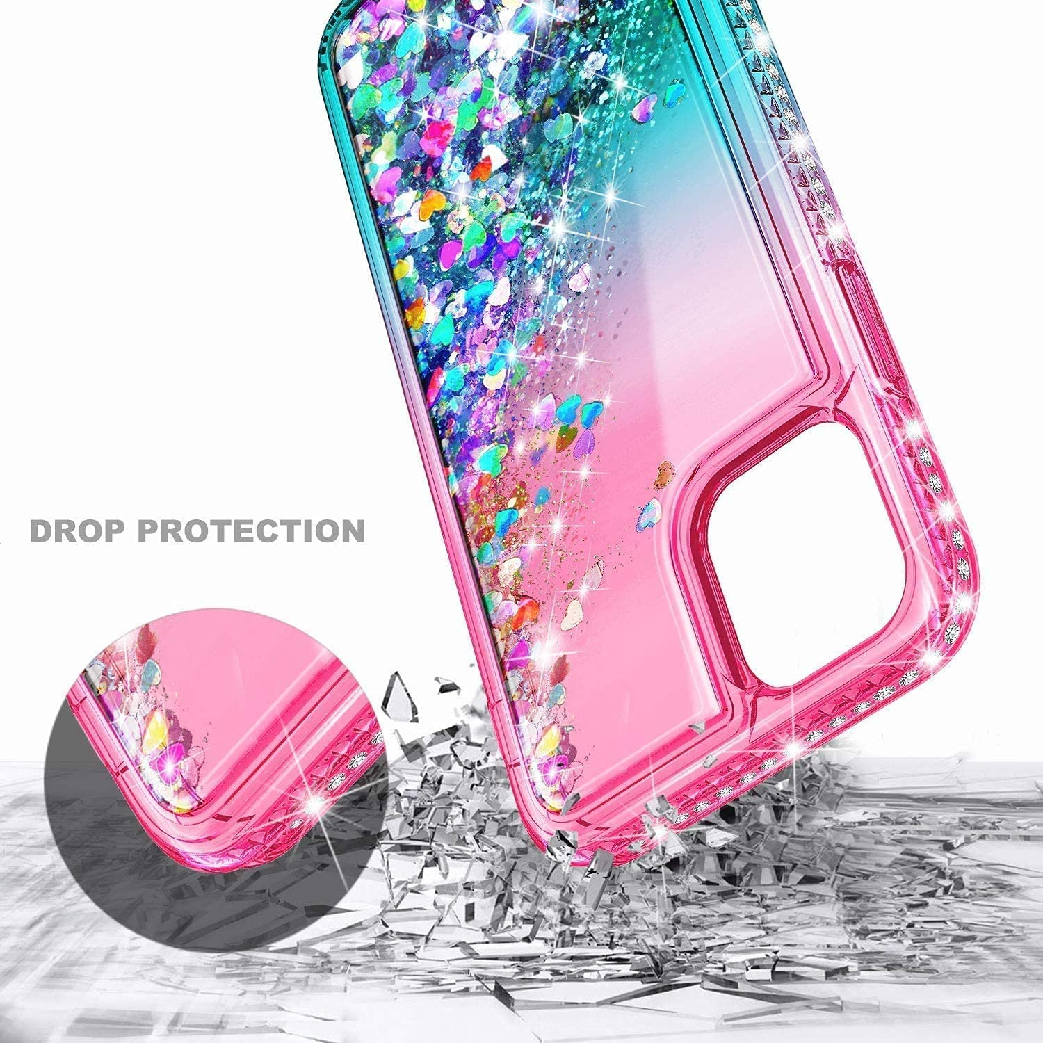 NGB iPhone 11 Case with Tempered Glass Screen Protector - Shockproof Ring Holder & Wrist Strap - Bling Sparkle Glitter Phone Cover for Women Girls (Pink/Aqua) - Perfect for Daily Use, Work, Travel & Fashion Accessories