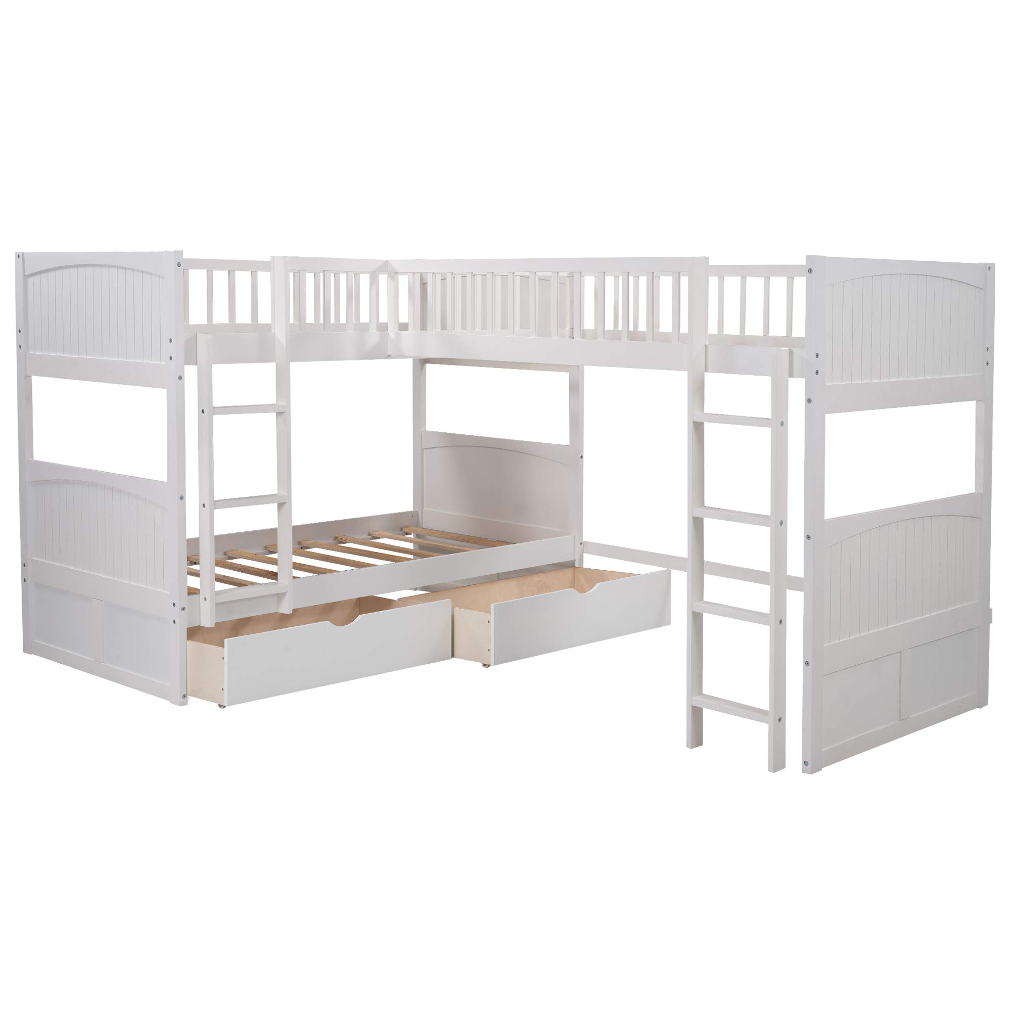 KLMM Twin Over Twin L-Shaped Corner Bunk Bed with Loft - Space-Saving 3-Person Bunk Bed Frame with 2 Storage Drawers & Dual Ladders for Kids, Teens & Adults (White) - Perfect for Small Bedrooms, Guest Rooms & Vacation Homes