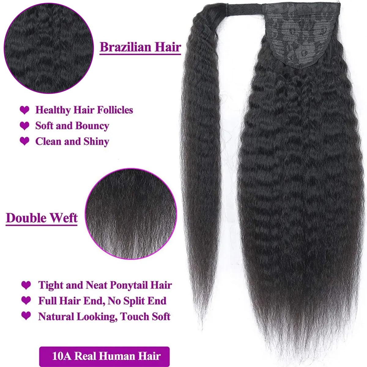 Wrap Around Long Kinky Straight Ponytail Hair Extensions - 26 Inch Clip-in Ponytail Human Hair Extensions for Women - Natural Black Yaki Straight Remy Hair - Perfect for Parties, Weddings & Everyday Styling