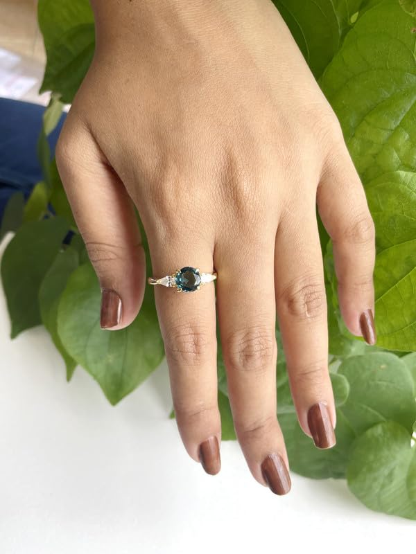 14K Rose Gold London Blue Topaz and White Diamond 3-Stone Engagement Ring for Women | Round & Pear Cut Bridal Proposal Ring | Perfect for Weddings, Anniversaries & Special Occasions