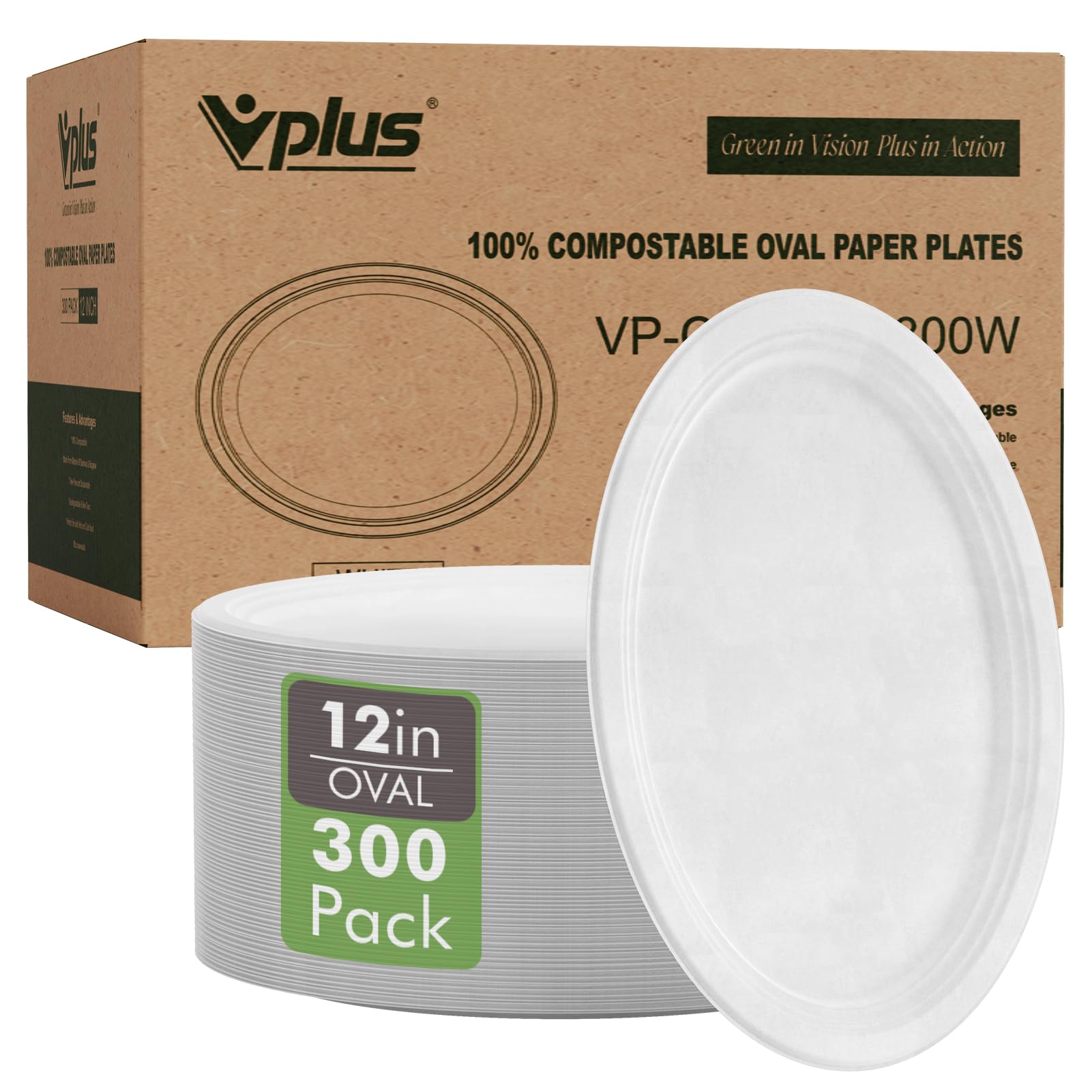 Vplus 300 Pack 12 Inch Compostable Oval Paper Plates - Super Strong Disposable Bagasse Plates, Eco-Friendly & Biodegradable Sugarcane Plates for BBQ, Party, Dinner, Picnic - Perfect for Outdoor Events, Family Gatherings & Sustainable Dining