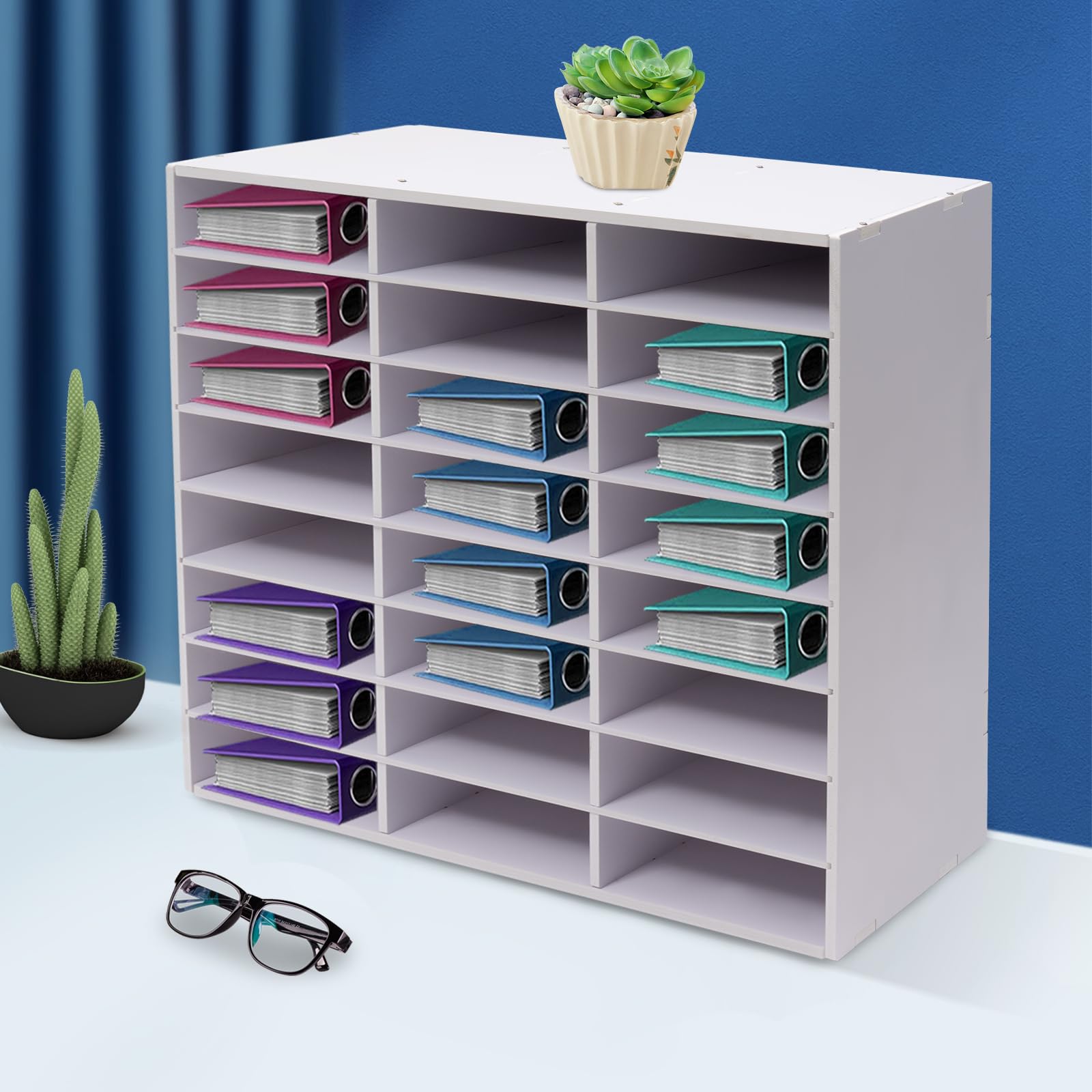 White 24-Compartment Mail Sorter Organizer - Desktop File Organizer for Classroom, Home & Office - Perfect for Paper Storage, Literature Sorting & School Mail Management (8x3 Grid)