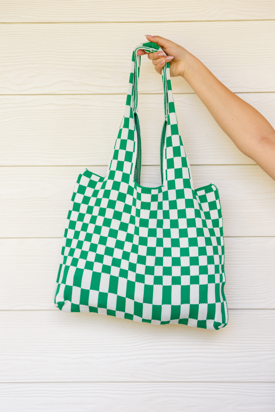 Checkerboard Pattern Lazy Wind Large Tote Bag in Green & White - Perfect for Beach, Shopping & Casual Outings