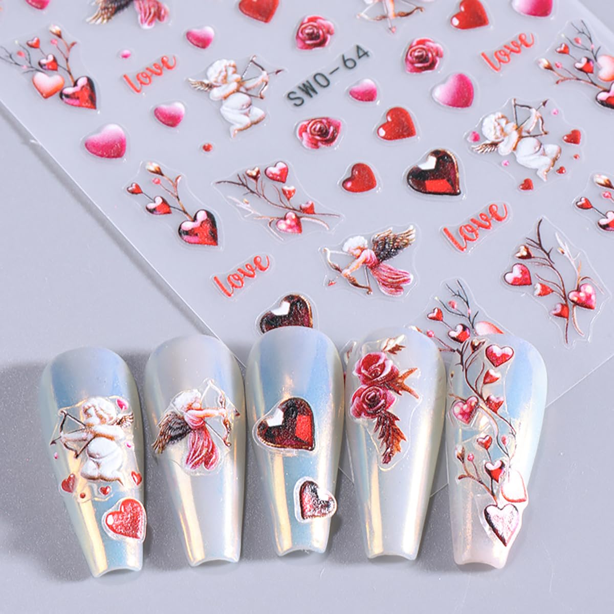 2 Pack 5D Embossed Heart Nail Stickers - Romantic Valentine's Day Nail Art Decals, Self-Adhesive Cupid Angel Nail Designs for Women & Girls | Perfect for Valentine's Gifts, Date Nights, Bridal Showers & Nail Salon Decorations