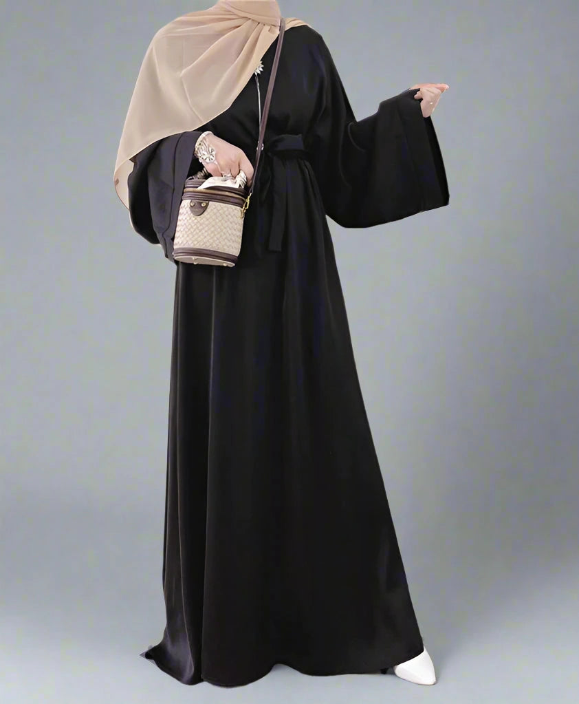 Elegant Muslim Women's Solid Color Satin Abaya Dress with Pocket & Belt - Perfect for Prayer, Eid, and Special Occasions