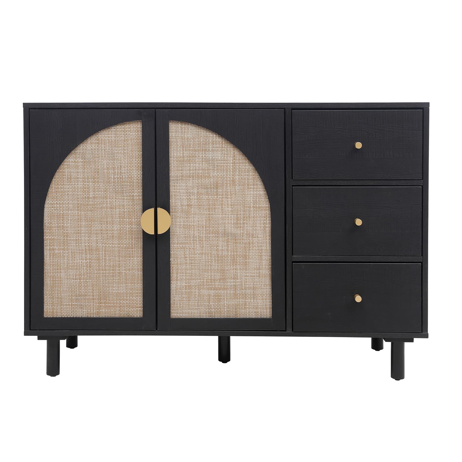 Modern Rattan Sideboard Buffet Cabinet with 2 Doors & 3 Drawers - Adjustable Shelves Storage Console for Living Room, Kitchen, Dining Room - Boho Chic Home Decor Accent Furniture (Black) | Perfect for Entertaining, Displaying Decor & Organizing Dishes