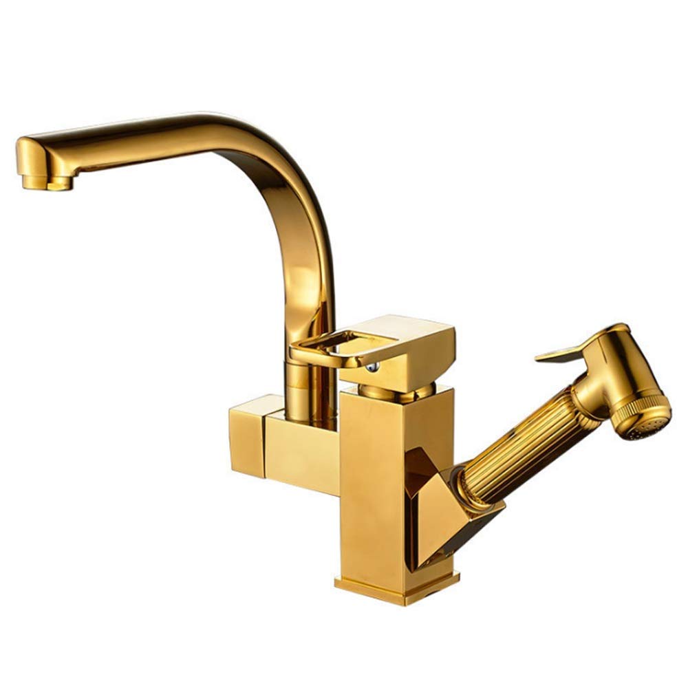 HTLLT Durable Single Handle Pull Down Kitchen Sink Faucet with Sprayer - Hot & Cold Water Mixer, Copper Plating for Bathroom & Kitchen - Perfect for Washing Dishes, Filling Pots & Cleaning Countertops