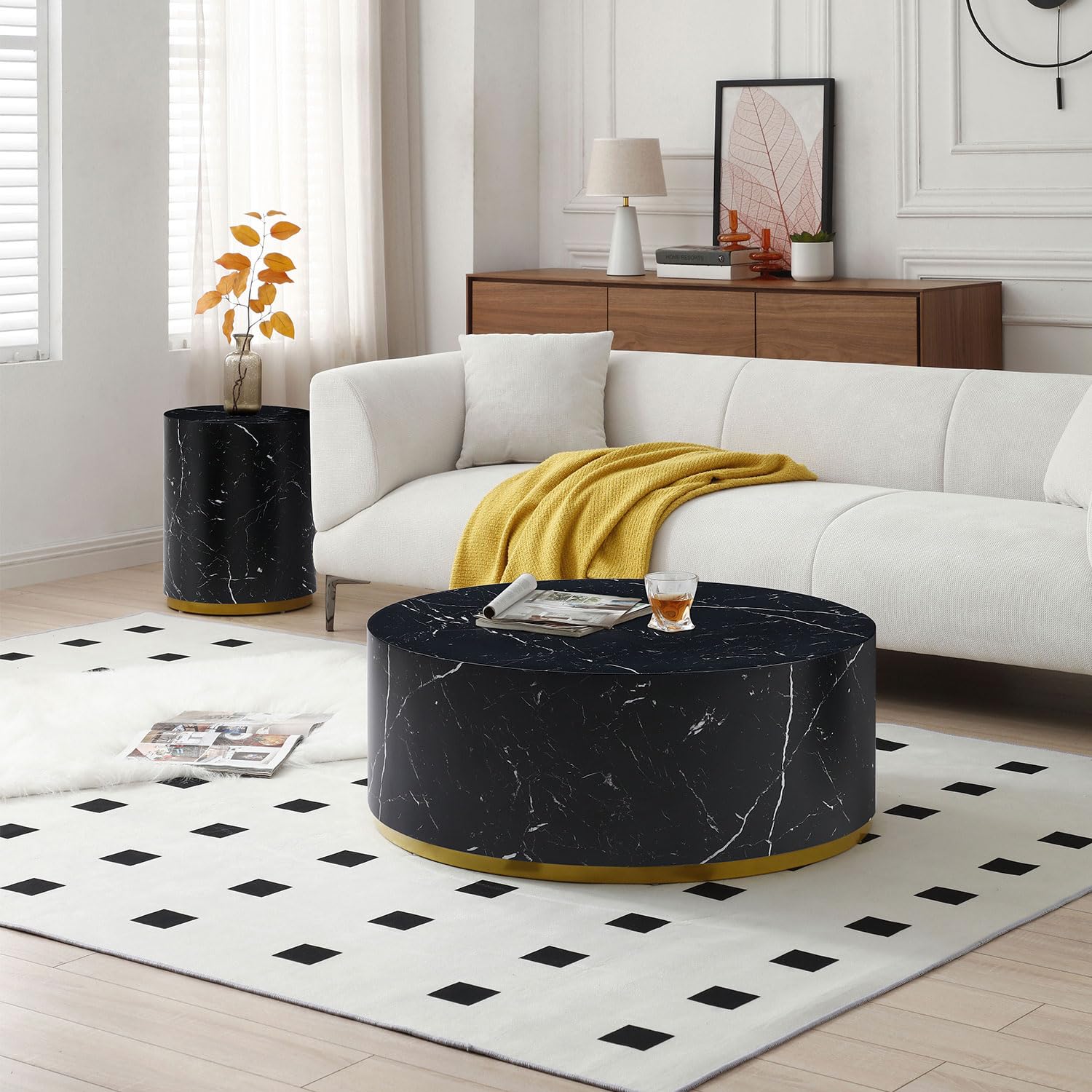 Modern Round Coffee Table with Marble Top & Gold Metal Base - Stylish Accent Table for Living Room, Bedroom or Office - Perfect for Coffee, Books & Decor