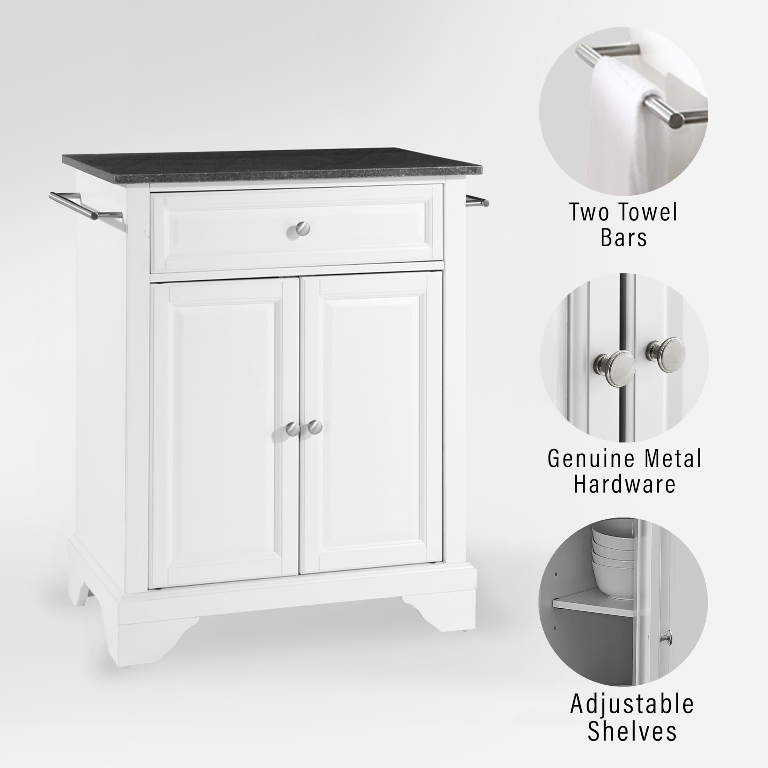 Crosley Lafayette Granite Top Portable Rolling Kitchen Island Cart with Storage - White | Microwave Stand, Small Kitchen Organizer for Compact Spaces, Perfect for Apartments & Small Kitchens
