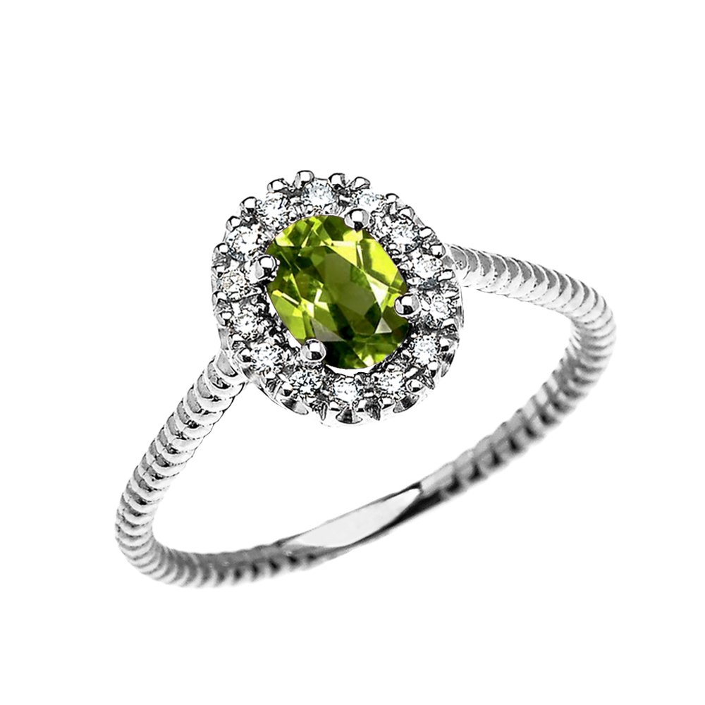 14K White Gold Dainty Oval Halo Diamond & Solitaire Peridot Rope Design Engagement Ring - Elegant Promise Ring for Women, Perfect for Proposals, Anniversaries & Special Occasions