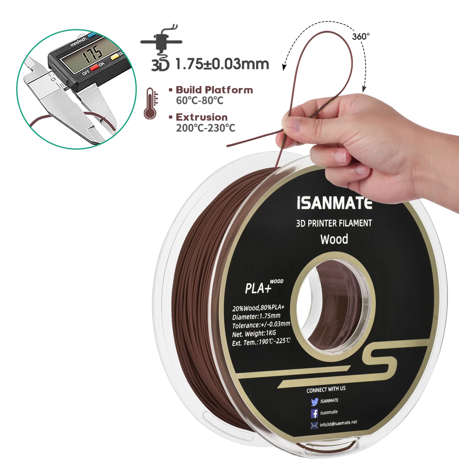 iSANMATE 1.75mm Sandalwood PLA 3D Printer Filament - 1kg Spool with 20% Real Wood Fiber for Smooth Printing | Perfect for Wooden Models, Home Decor & DIY Crafts