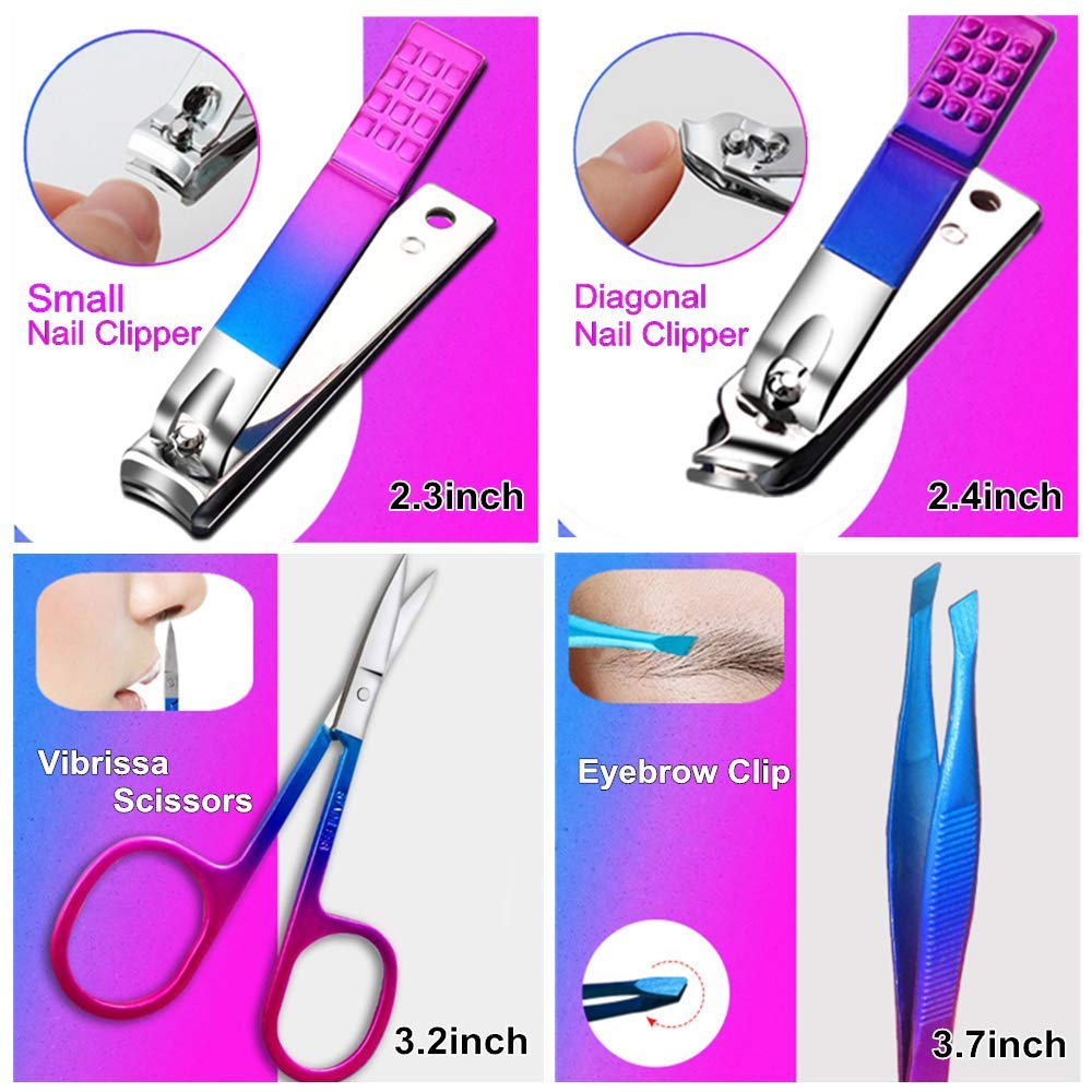 ZUOL 15-Piece Rainbow Manicure Set - Professional Stainless Steel Nail Clippers, Nail Files & Pedicure Tools in Blue Leather Case - Perfect for Home Salon, Travel & Professional Nail Care
