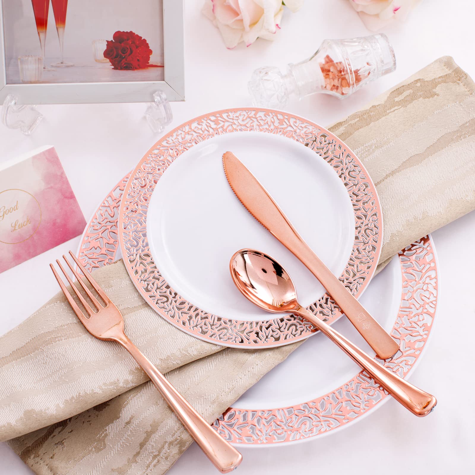 WELLIFE 175-Piece Rose Gold Plastic Dinnerware Set - 25 Dinner Plates (10.25