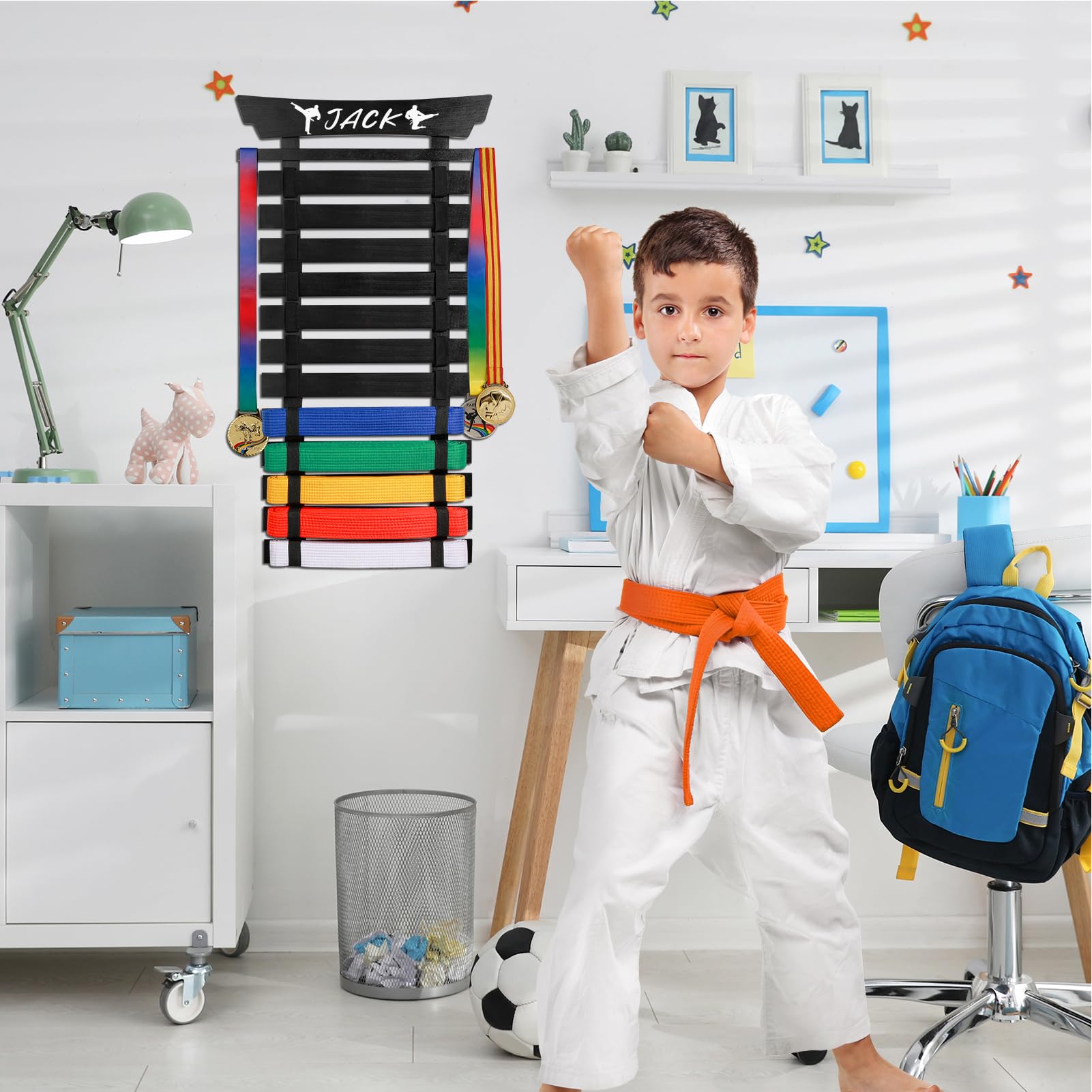 12-Slot Karate Belt Display Rack with Stickers - Martial Arts Belt Holder for Taekwondo, Jiu Jitsu & BJJ Belts - Wall Mounted Organizer for Kids & Adults - Perfect Gift for Dojo, Gym & Home Decor