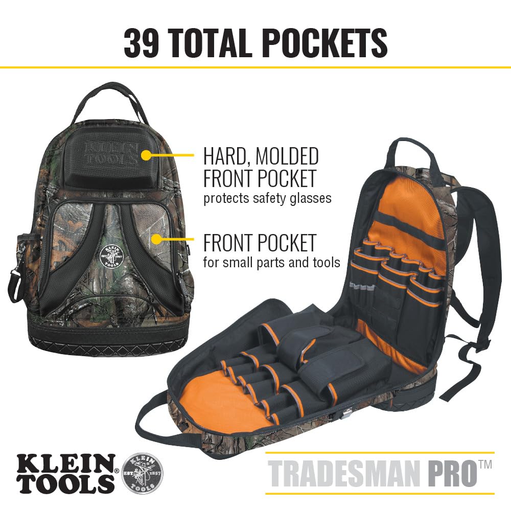 Klein Tools 55421BP14CAMO Heavy Duty Tradesman Pro Tool Backpack with 39 Pockets & Molded Base - Camouflage Design Tool Organizer for Electricians, Contractors & DIY Projects - Perfect for Construction Sites, Home Repairs & Professional Work
