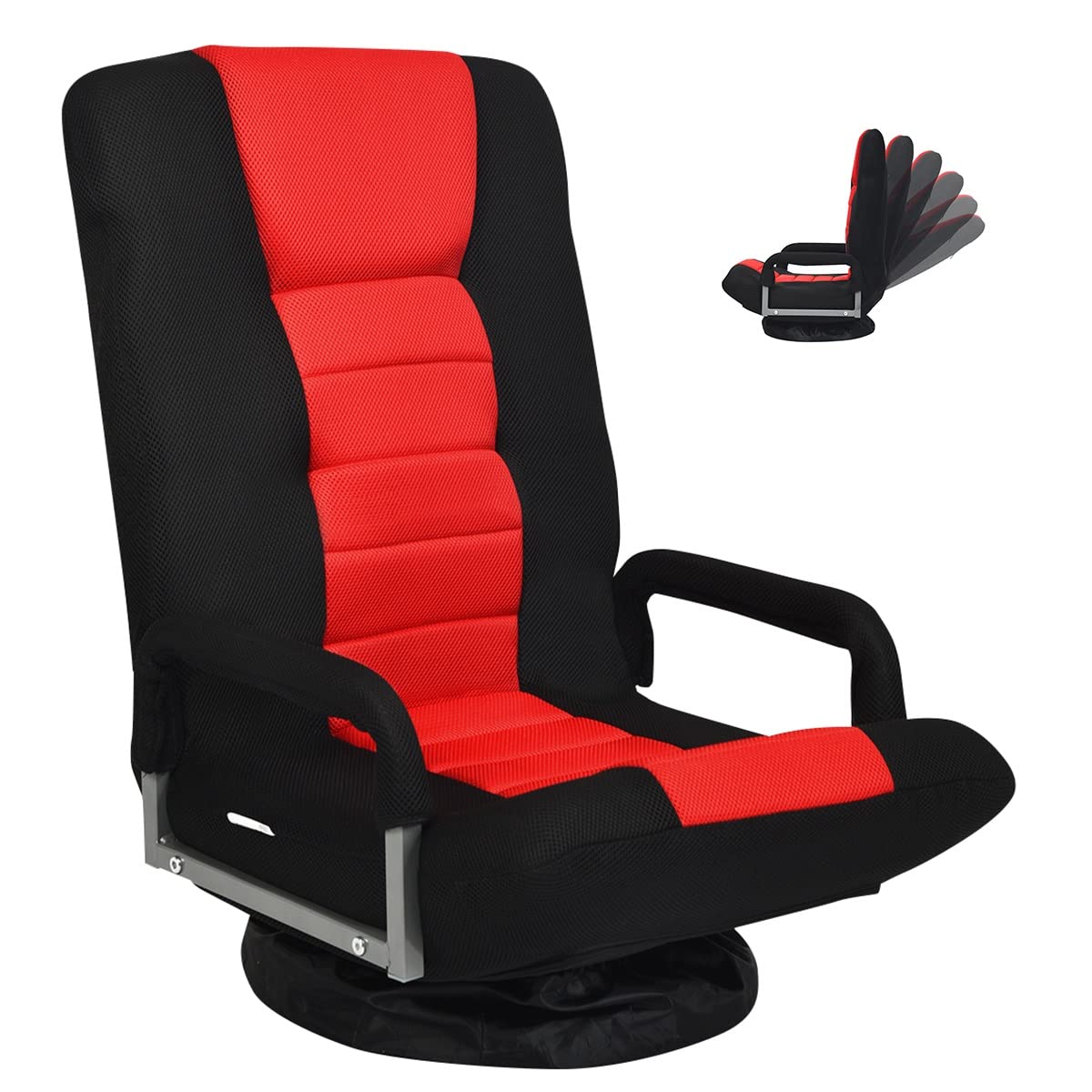 GOFLAME 360° Swivel Gaming Floor Chair - Adjustable 6-Position Backrest & Armrest, Ergonomic Folding Lounge Chair for Adults - Perfect for TV Watching, Video Gaming, Reading & Relaxing (Black/Red)