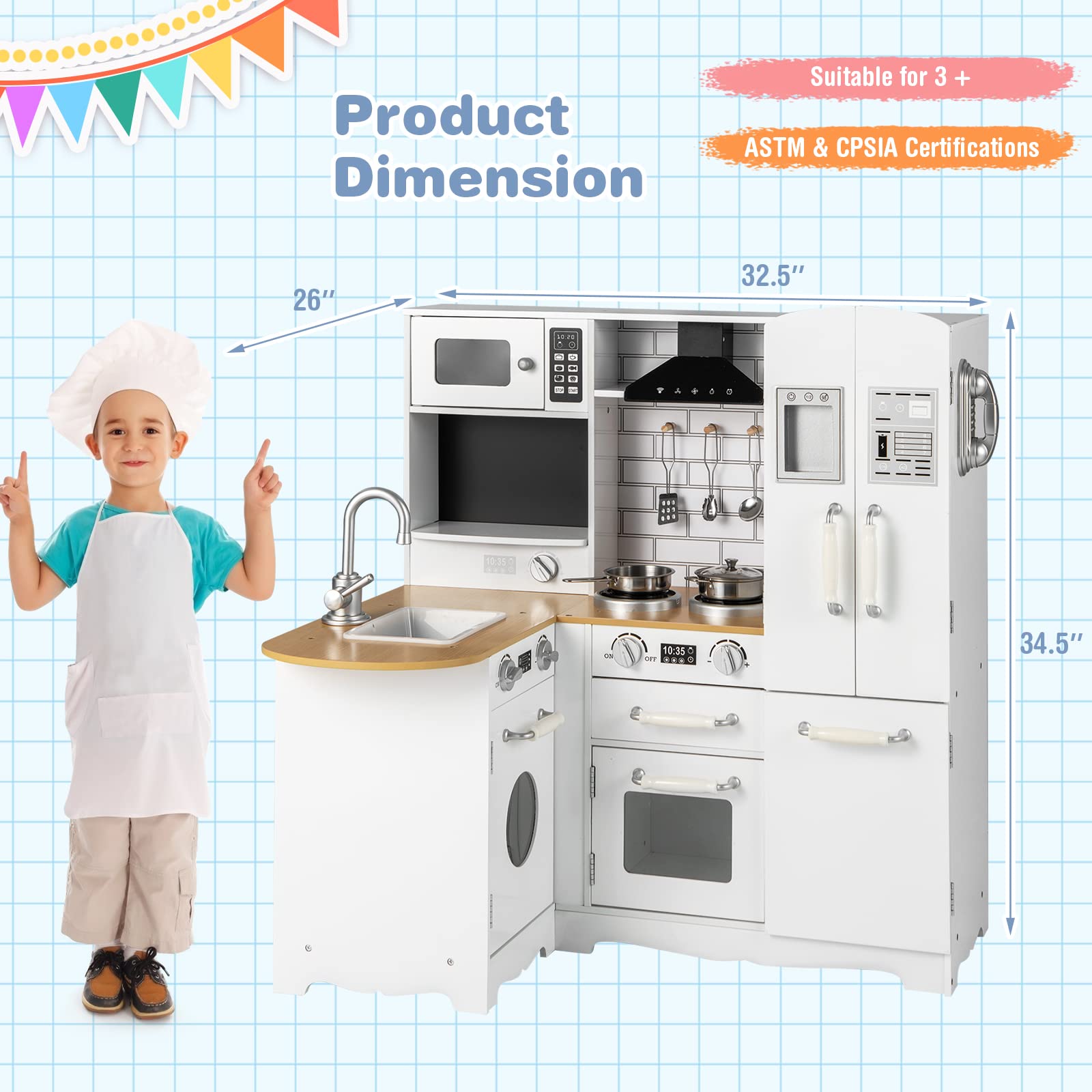 Costzon 11-in-1 Wooden Kids Kitchen Playset with Realistic Appliances - Pretend Play Toy Kitchen Set with Washing Machine, Microwave, Oven, Stove & Refrigerator for Toddlers Boys & Girls - Perfect for Role Play, Preschool Learning & Home Entertainment