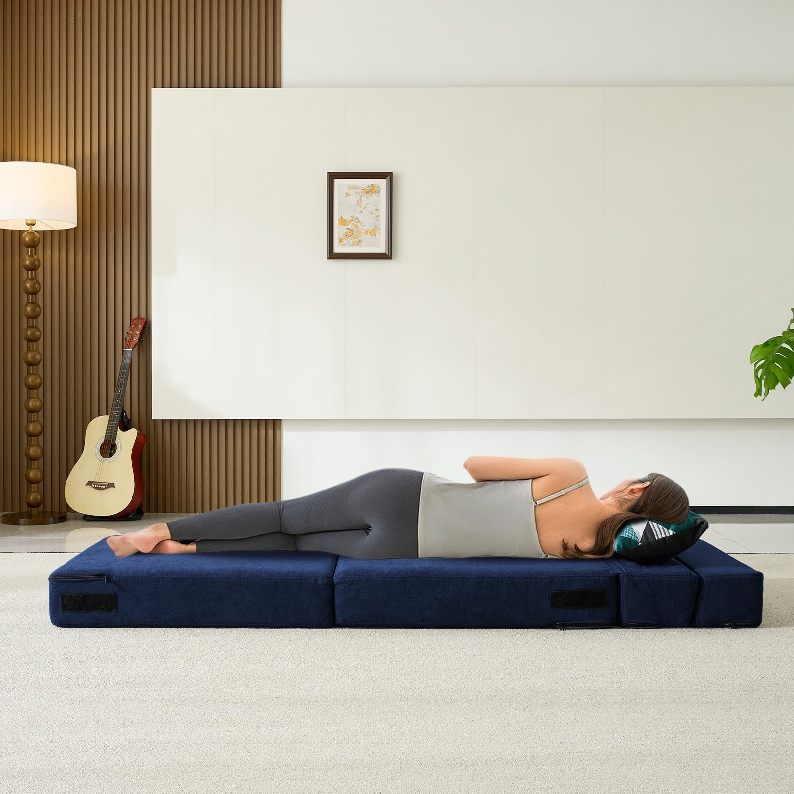 Convertible Folding Sofa Bed with Memory Foam Pillow - Single Size Dark Blue Sleeper Chair for Living Room, Home Office, Guest Bed & Small Spaces - Perfect for Apartments, Lofts and Overnight Guests