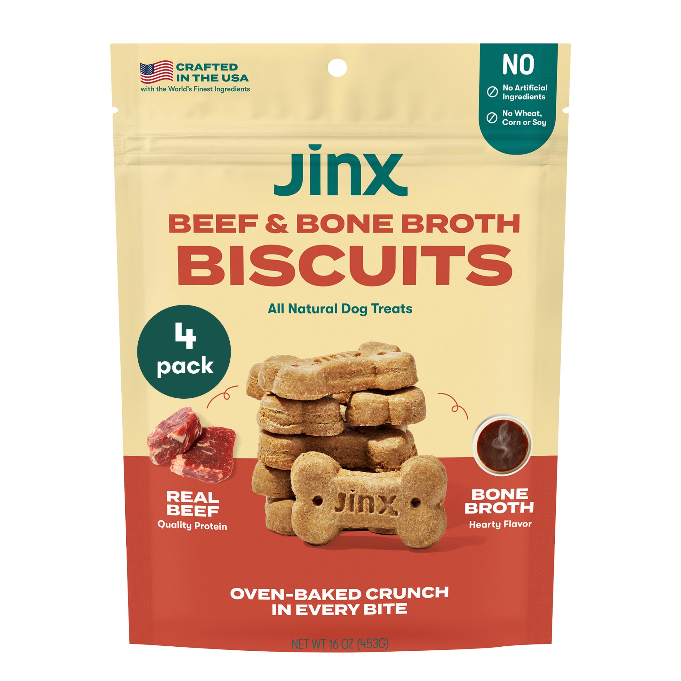 Jinx Oven-Baked Beef Bone Broth Dog Treats - All Natural Crunchy Biscuits with Real Beef, Pumpkin & Blueberries - Superfood-Rich Healthy Snacks for Dogs - 16oz (4 Pack) - Perfect for Training Rewards & Dental Health