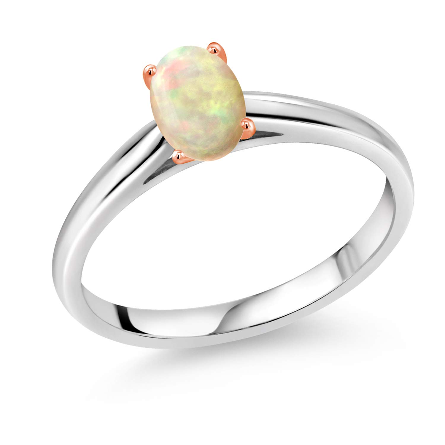 0.32 Ct Oval Cabochon White Ethiopian Opal 10K White Gold Ring with Rose Gold Prongs - Elegant Gemstone Jewelry for Women, Perfect for Weddings, Anniversaries & Special Occasions