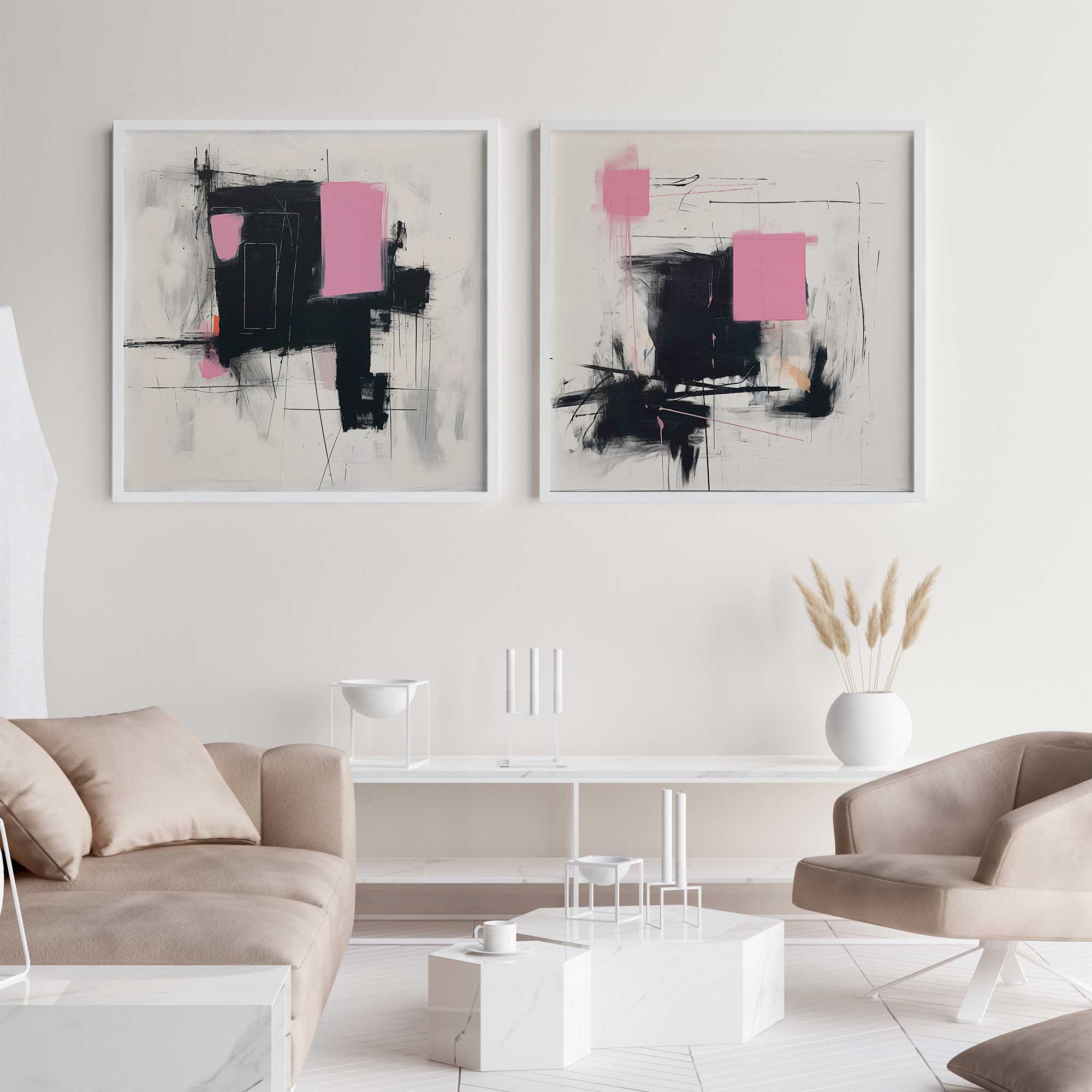 Graphite Pink Fusion Art Prints - Set of 2 Premium Archival Matte Paper Wall Decor for Living Room, Bedroom & Office
