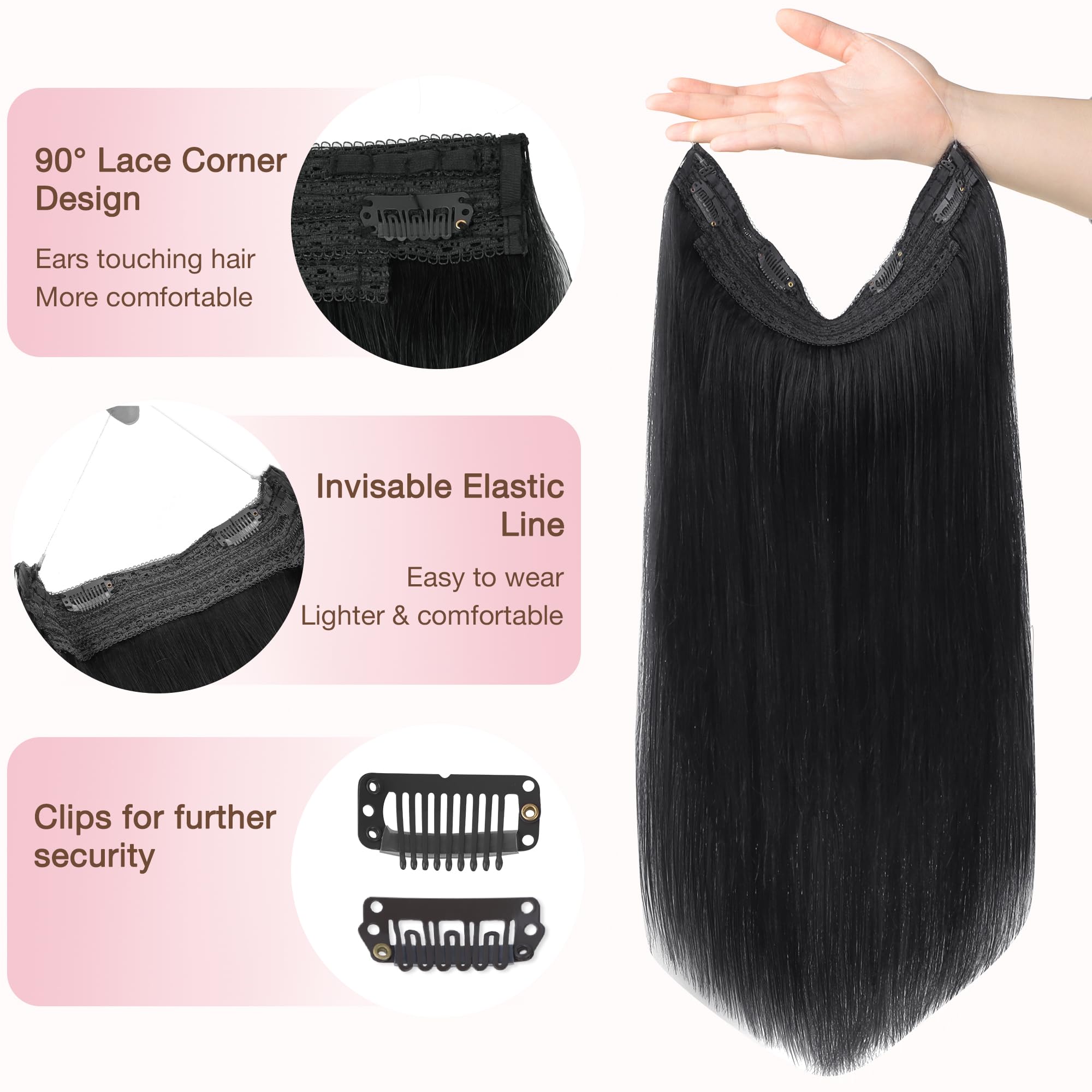 GOO GOO 20 Inch Jet Black Human Hair Extensions - 110g Invisible Wire Hairpiece with Transparent Fish Line for Seamless Blending | Perfect for Parties, Weddings, and Daily Styling