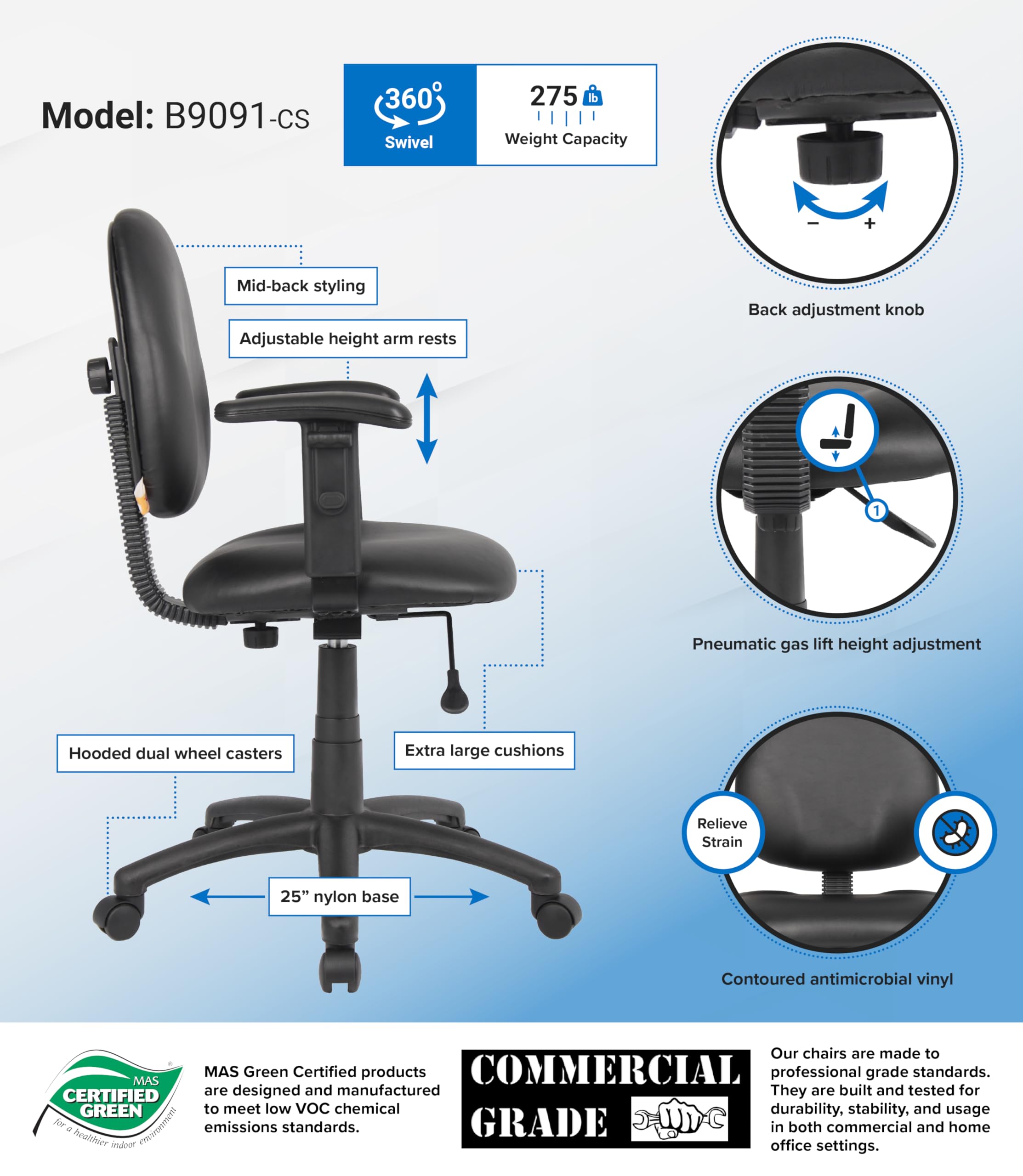 Premium Black Diamond Task Chair with Adjustable Arms - Ergonomic Office Chair for Home & Business Workspaces - Comfortable Computer Desk Chair for Long Hours of Work or Gaming