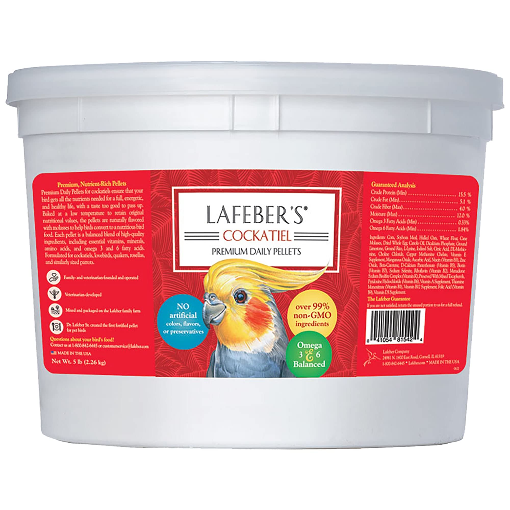 Premium LAFEBER'S Cockatiel Pellets - 5 lb Bag of Nutritious Daily Bird Food for Healthy Feathers & Digestion - Perfect for Cockatiel Care & Training Treats